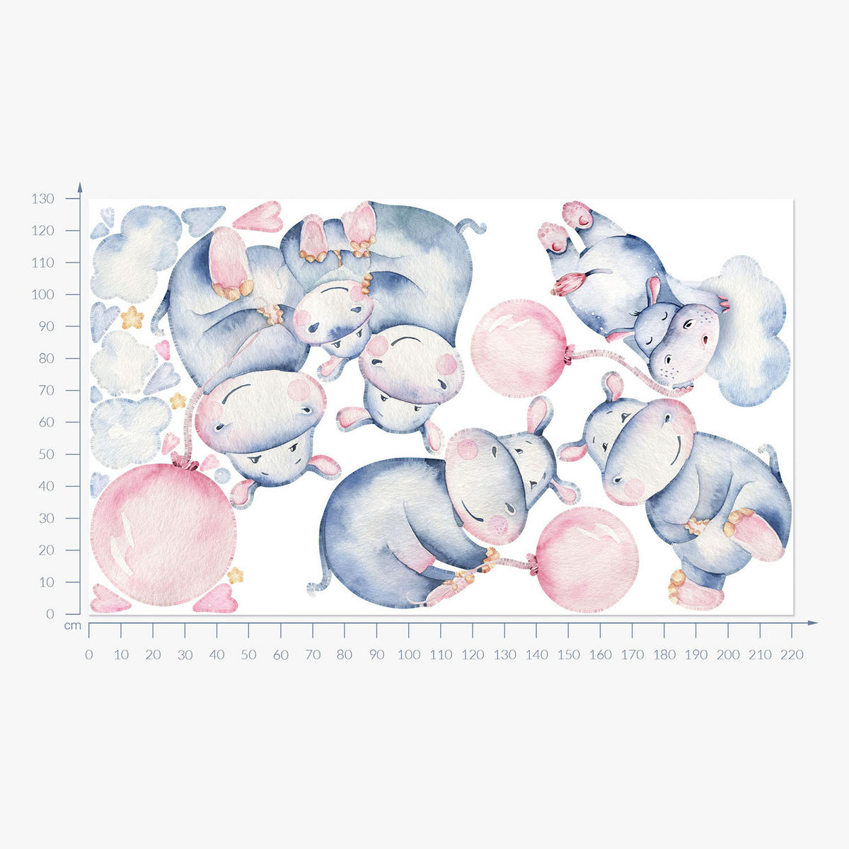 WANDAUFKLEBER 130x220cm - Nilpferdfamilie - Multicolor, Kunststoff (130/220/0.1cm) - Wallfluent