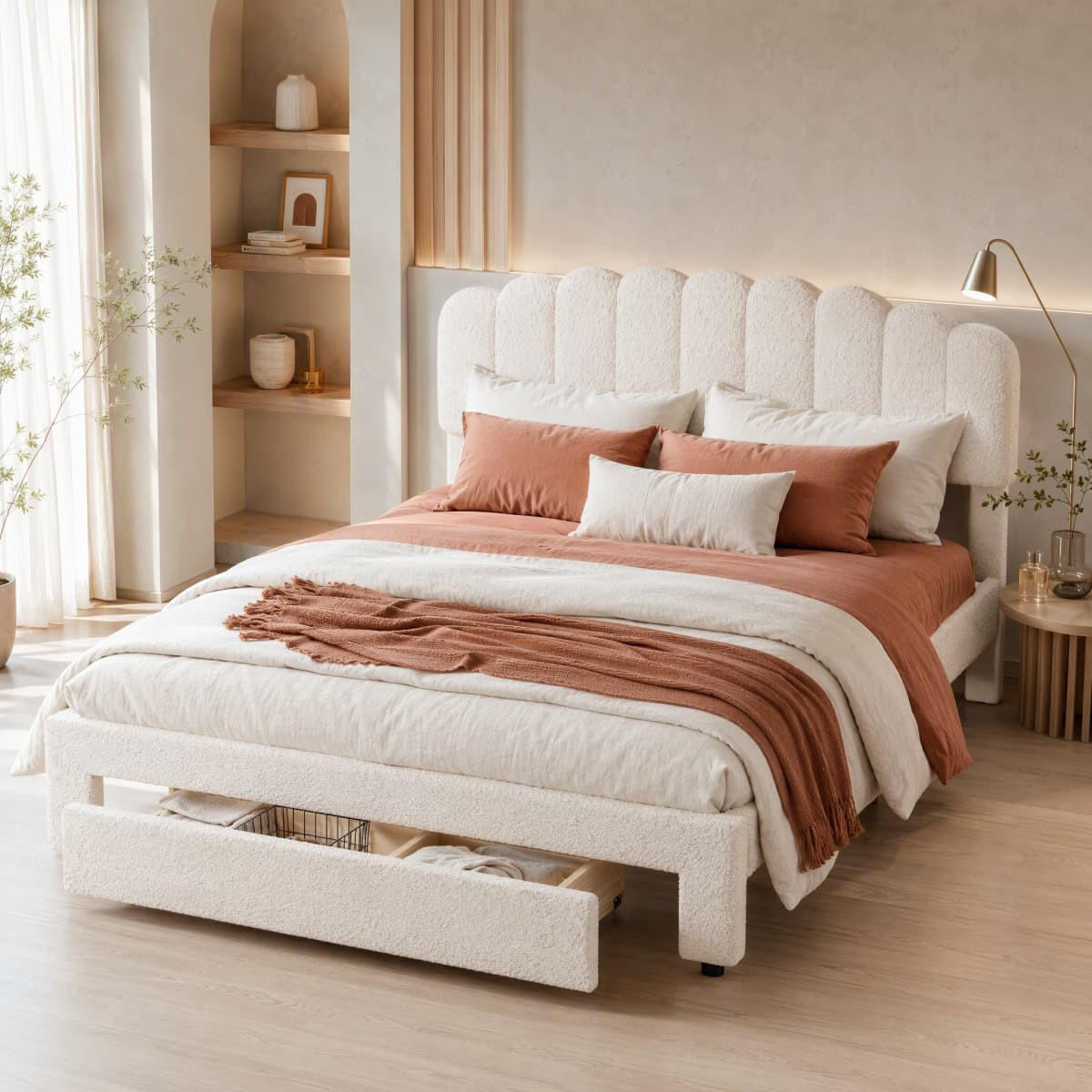 POLSTERBETT 140x200cm beigefarbenes Teddybär-Plüsch-Doppelbett mit USB-Anschluss und Schubladen. - Beige, Textil (140/200cm) - CASIVA