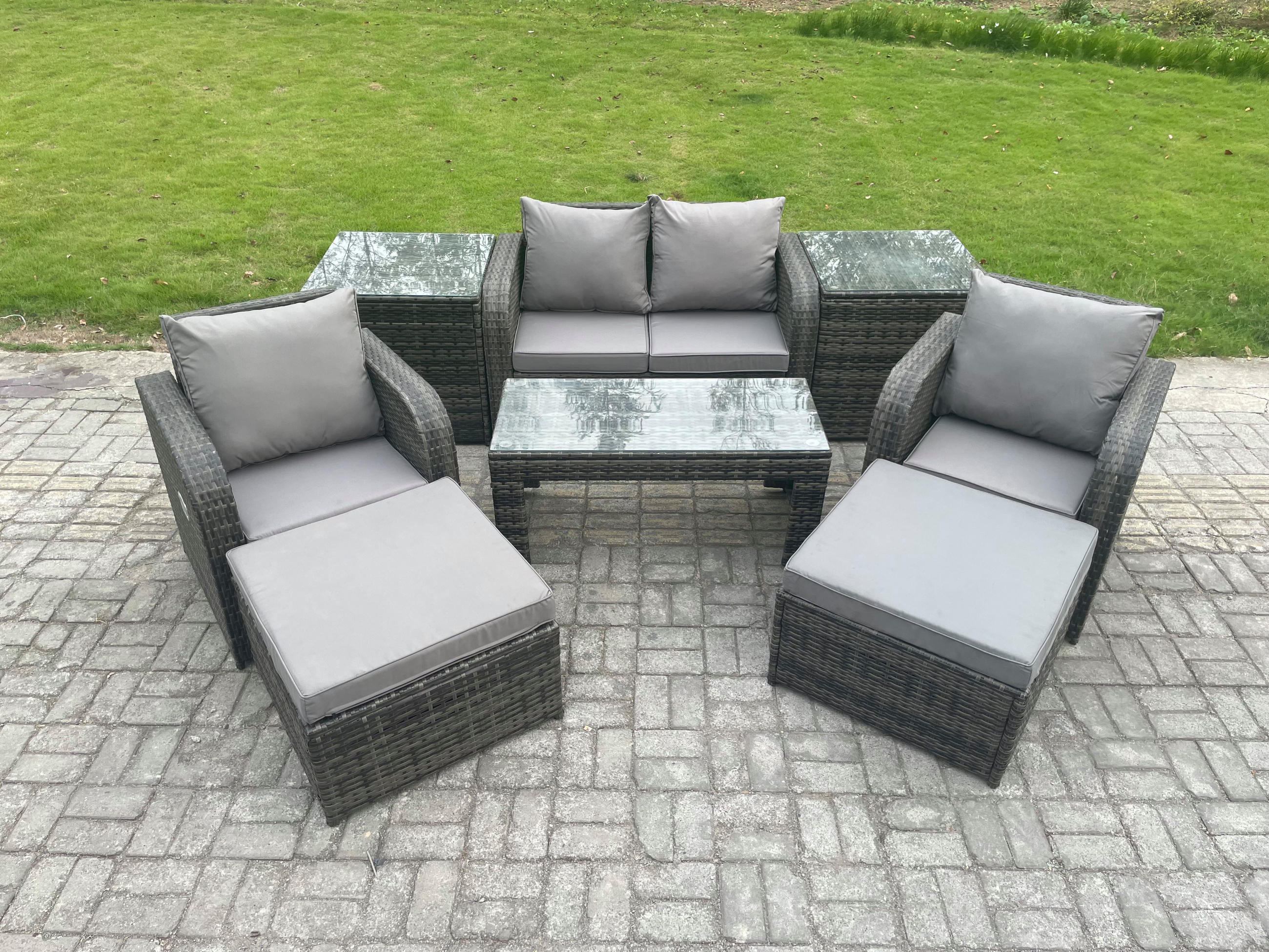 GARTENSOFA SET mit COUCHTISCH Polyrattan 5-Sitzer - Dunkelgrau/Grau, Glas/Kunststoff - Fimous