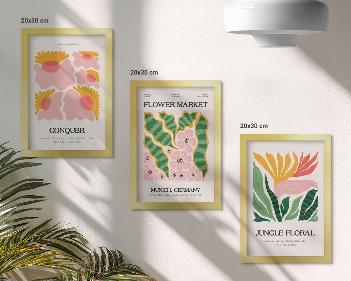 BILDER SET 3er Set - 20x30 cm Goldrahmen - Blumen und Blätter – moderne Poster - Goldfarben, Kunststoff (20/30cm) - TULUP