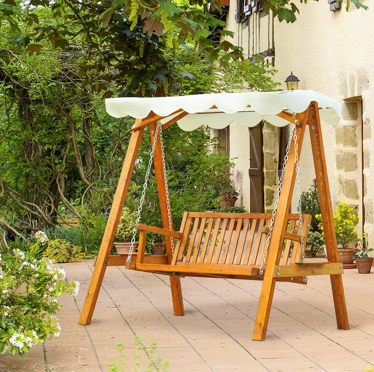 HOLLYWOODSCHAUKEL 162/130/185 cm mit Sonnendach und Lärchenholzgestell, Natur - Beige, Holz (130/185/162cm) - Redom