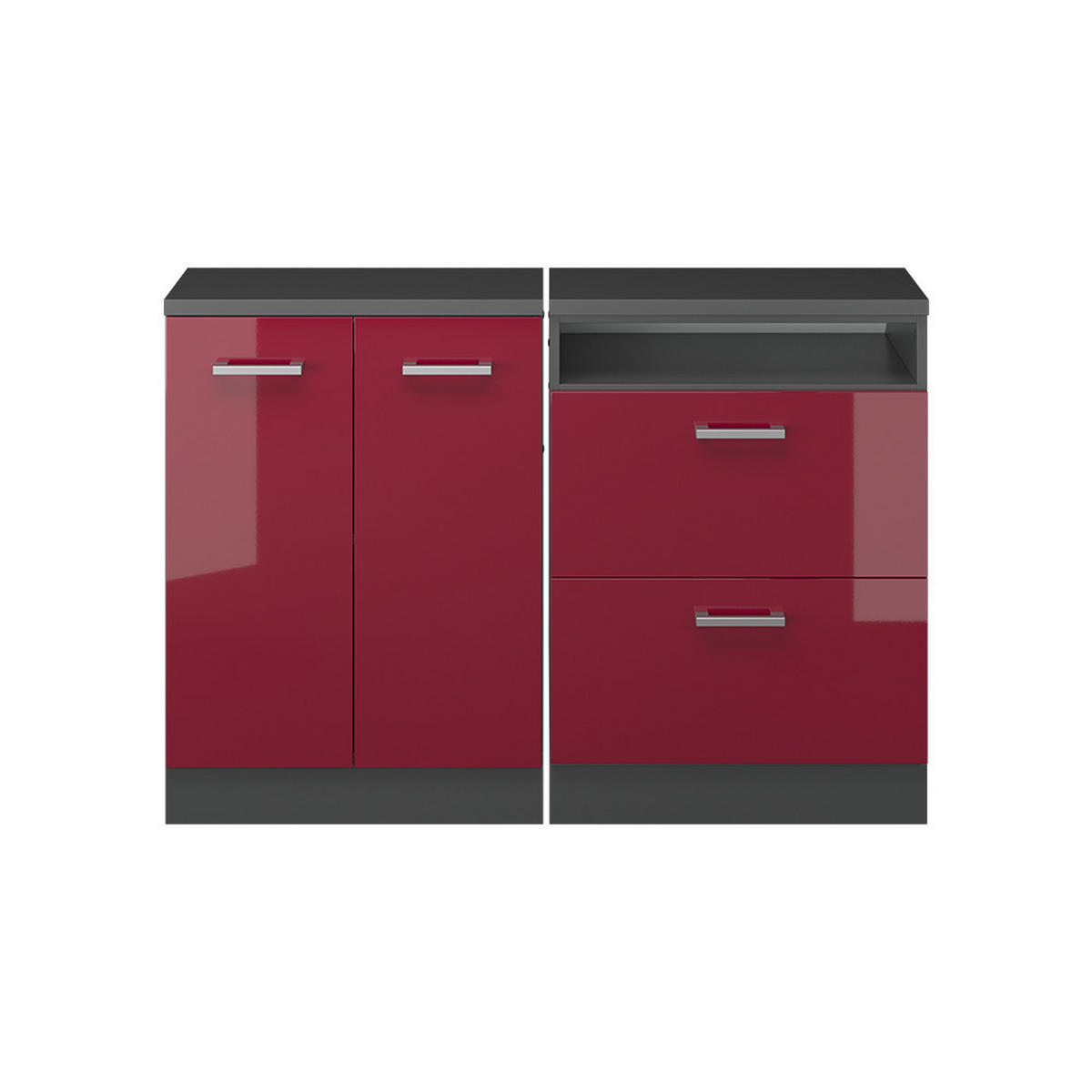 KUHINJSKI ORMAR ZA KOSINE KROVA R-Line Crveni visoki sjaj 120 cm Set od 2 korpusa ormara, dubina 60 cm - crvena/antracit, drvni materijal (120/83.8/60cm) - Vicco