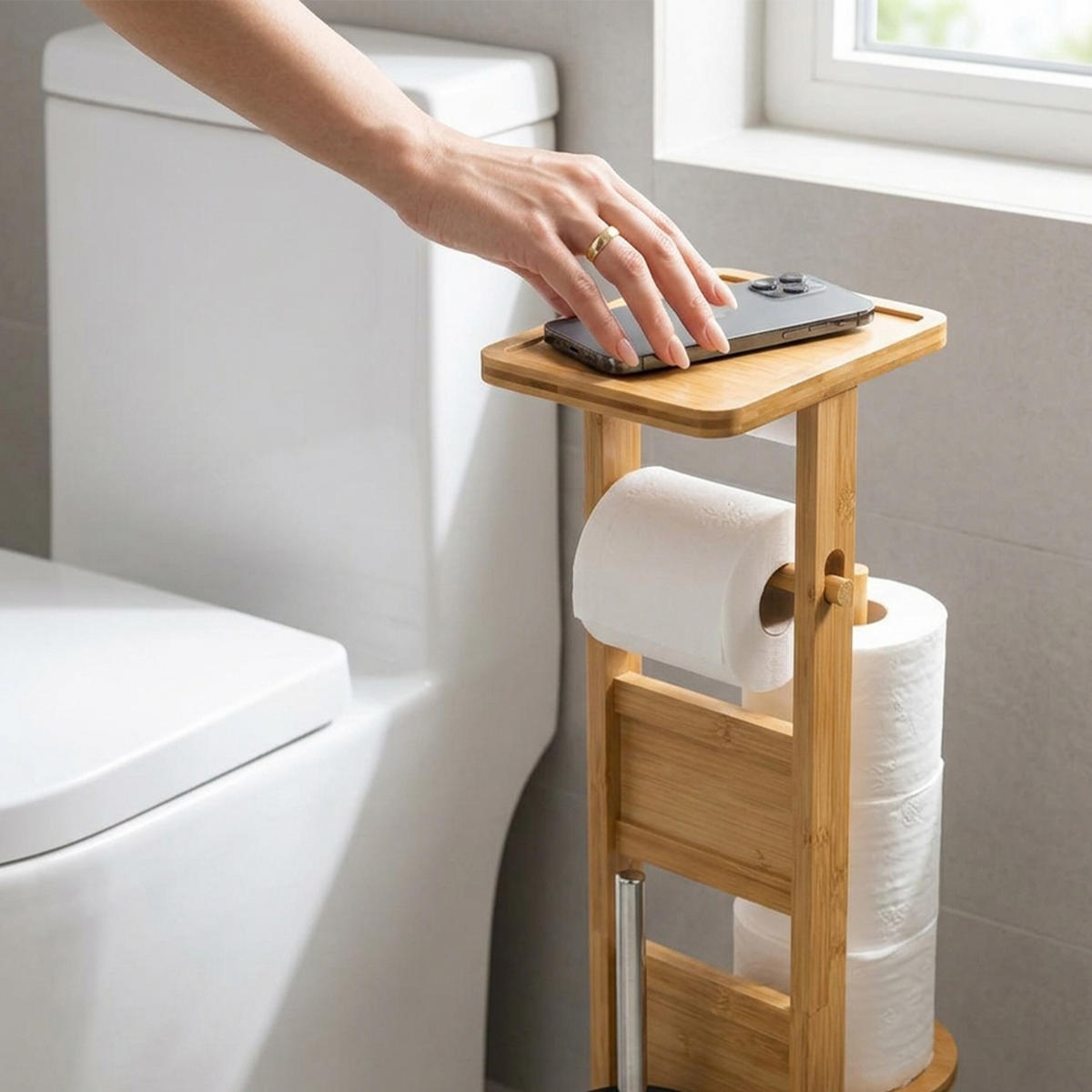 WC-SOUPRAVA přírodní bambus s poličkou 80 cm - světle hnědá, dřevo/kompozitní dřevo (30/80/18cm) - Relaxdays