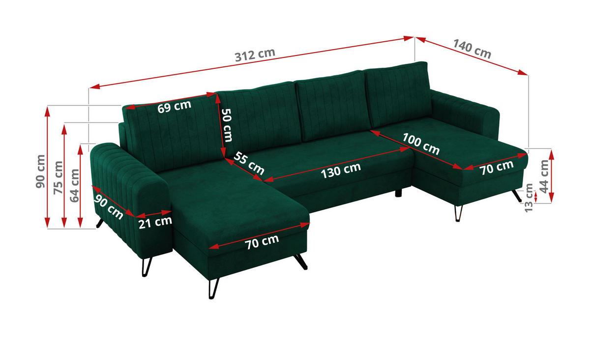 WOHNLANDSCHAFT AXEL U Velvet Dunkelgrün - Schwarz/Grün, Textil/Metall (312/90/140cm) - MKS