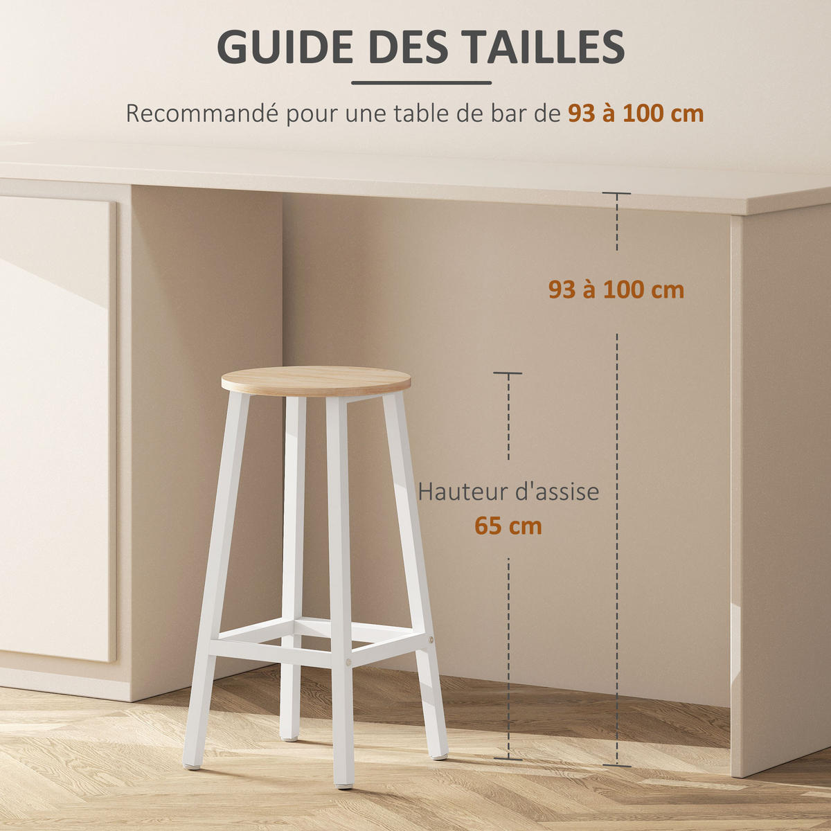 BARHOCKER 2er-Set DE-14751 ohne Rückenlehne, mit Fußstütze Weiß/Holzoptik - Naturfarben, Holzwerkstoff (32.5/65/32.5cm) - ComfortXL