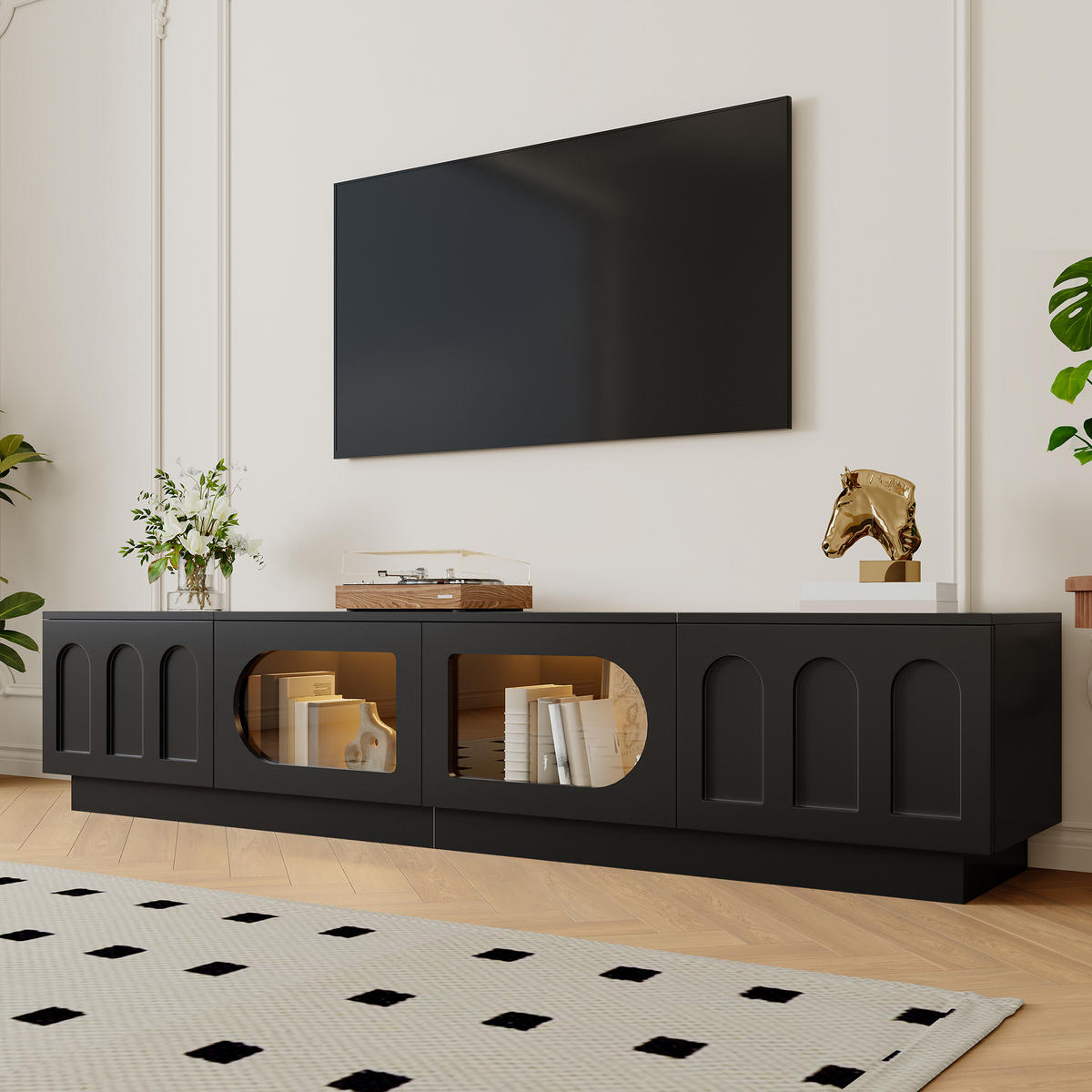TV-LOWBOARD mit LED, APP-Steuerung, Glastür und Bogentür - Schwarz, Holzwerkstoff (200/42/40cm) - FLIEKS