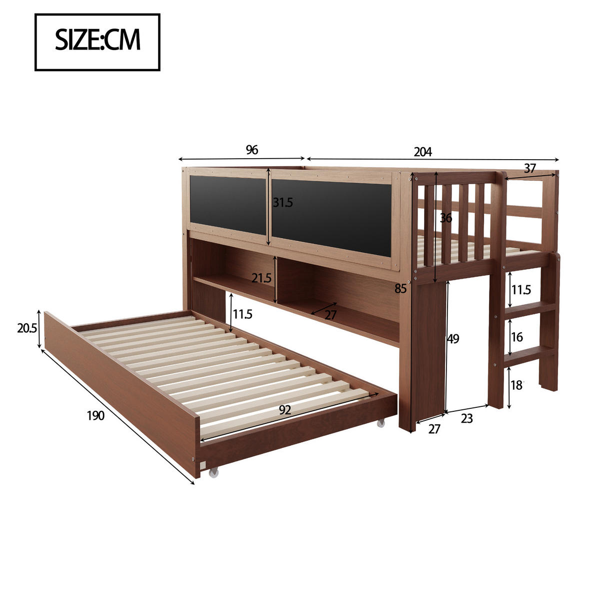 HOCHBETT 90/200 cm mit Ausziehbett, Tafel und offenen Regalfächern aus Holzwerkstoff, Braun - Braun, Holzwerkstoff (90/200cm) - Redom