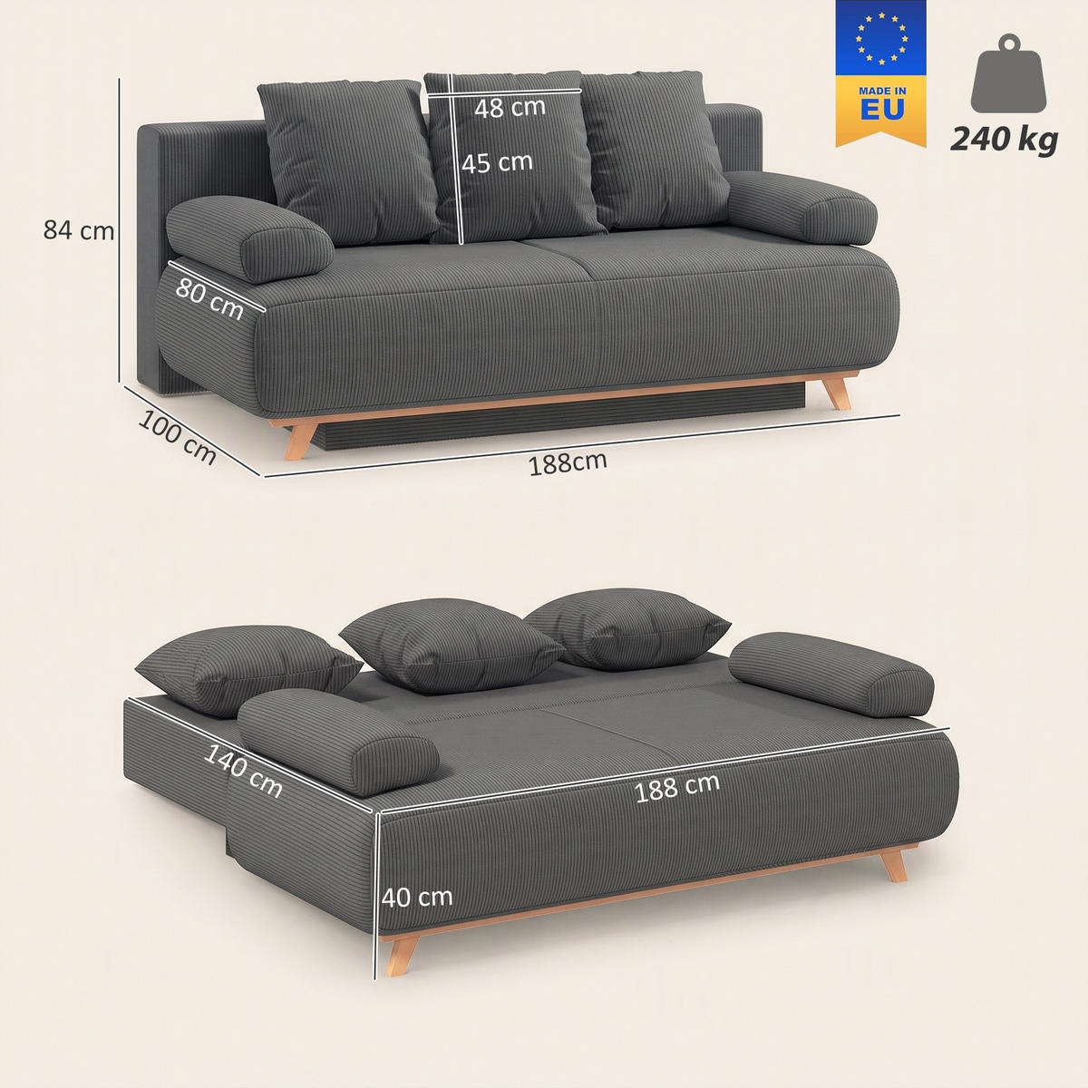 BÄDDSOFFA i grå manchester - Beige/Grå, Textil/Plast (100/84/188cm) - HOMCOM
