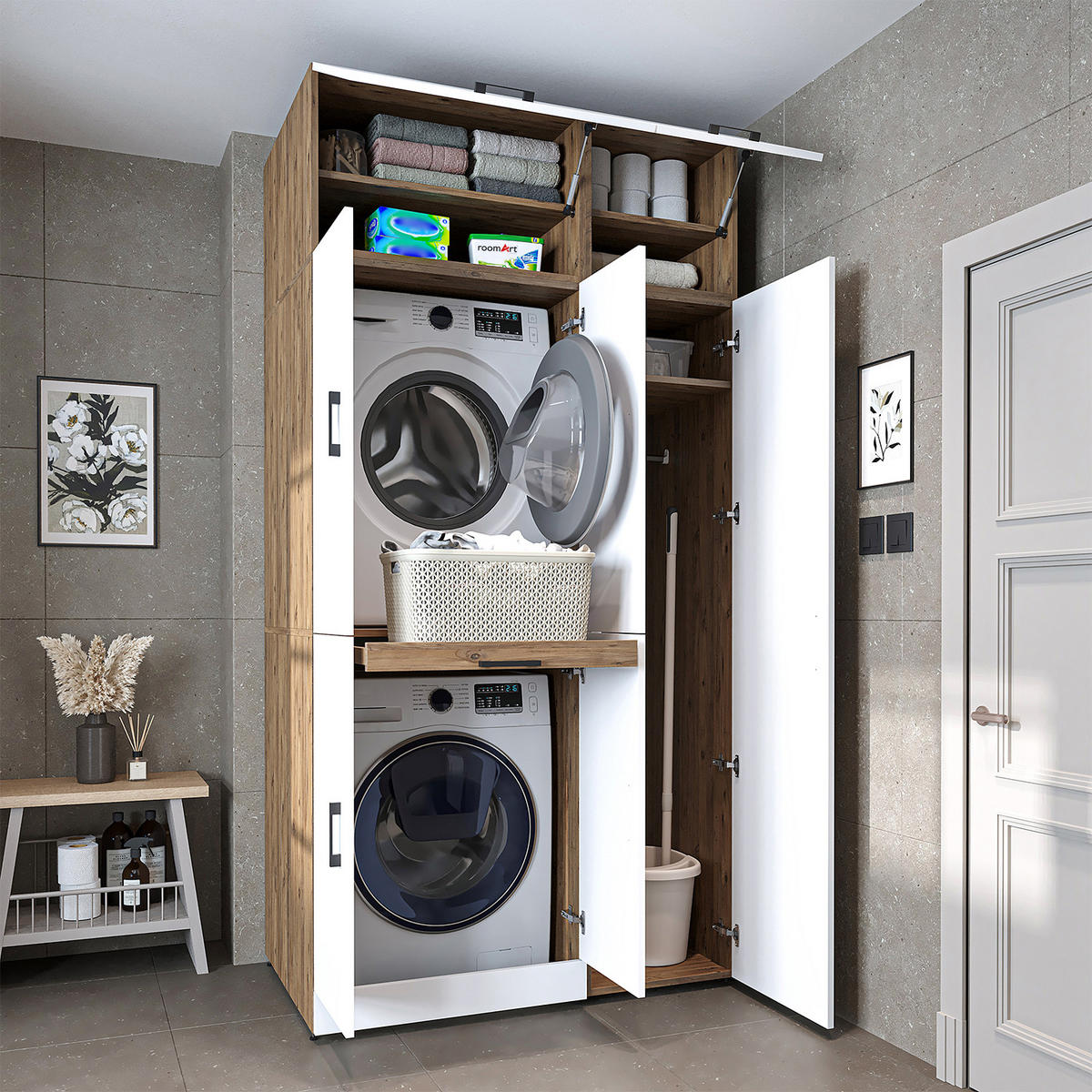 WASCHMASCHINENSCHRANK DORA-I 115cm Breit, 230cm Hoch - Eiche Bianco, Holzwerkstoff (115/230/73.8cm)