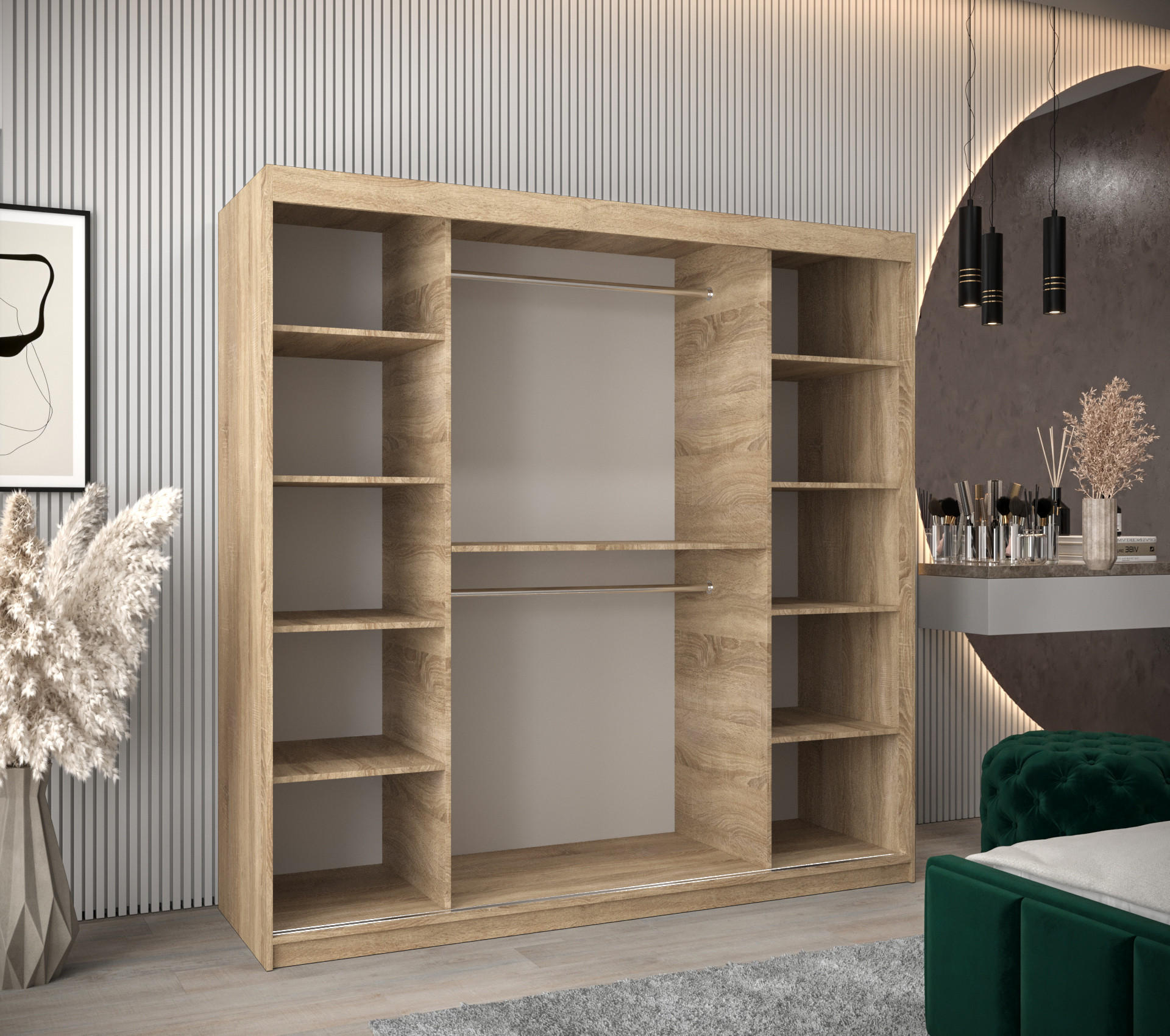 Thumbnail - Möbel Kryspol Schwebetürenschrank, Sonoma Eiche, Schwarz, Silber, Kunststoff, Nachbildung, 9 Fächer, 250x200x62 cm, Schl...