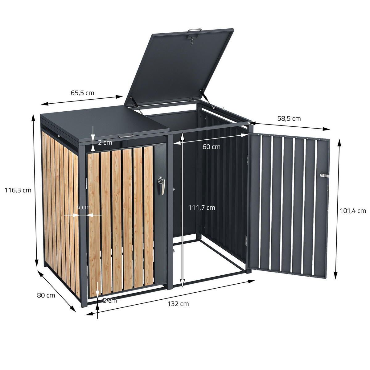MÜLLTONNENBOX 3er Anthrazit-Lärchenoptik - Naturfarben, Metall (80/116.3/200cm) - ML-DESIGN