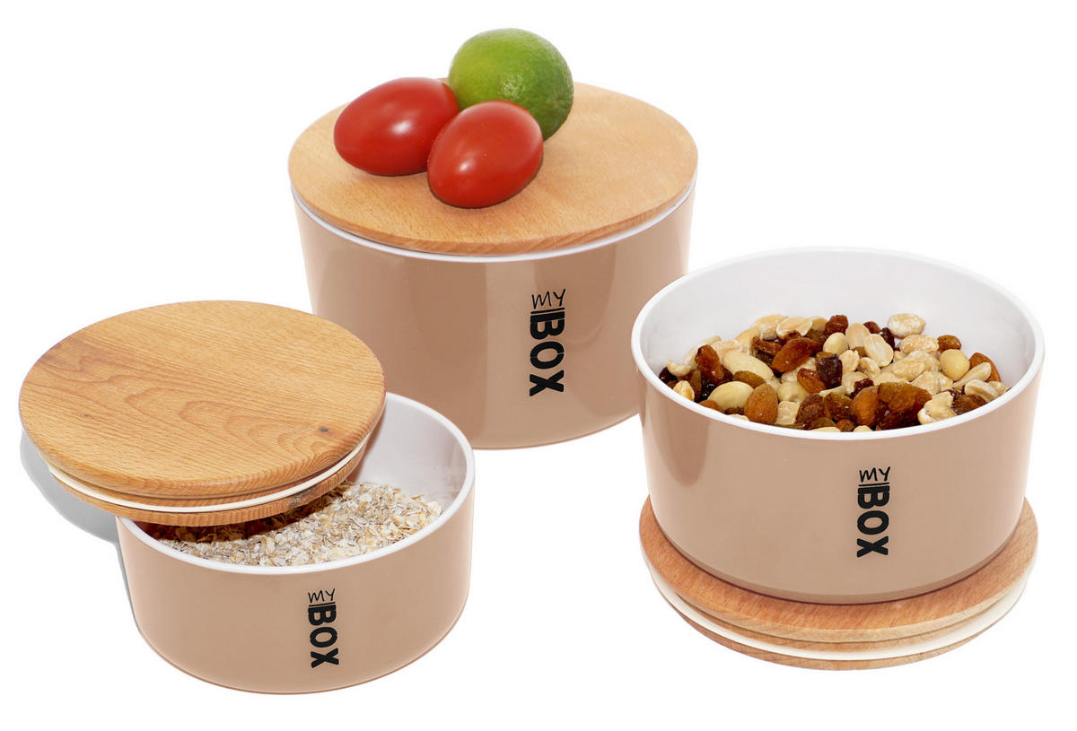 VORRATSDOSEN-SET rund mit Bambusdeckel 3teilig Puder - Koralle, Kunststoff - Lashuma