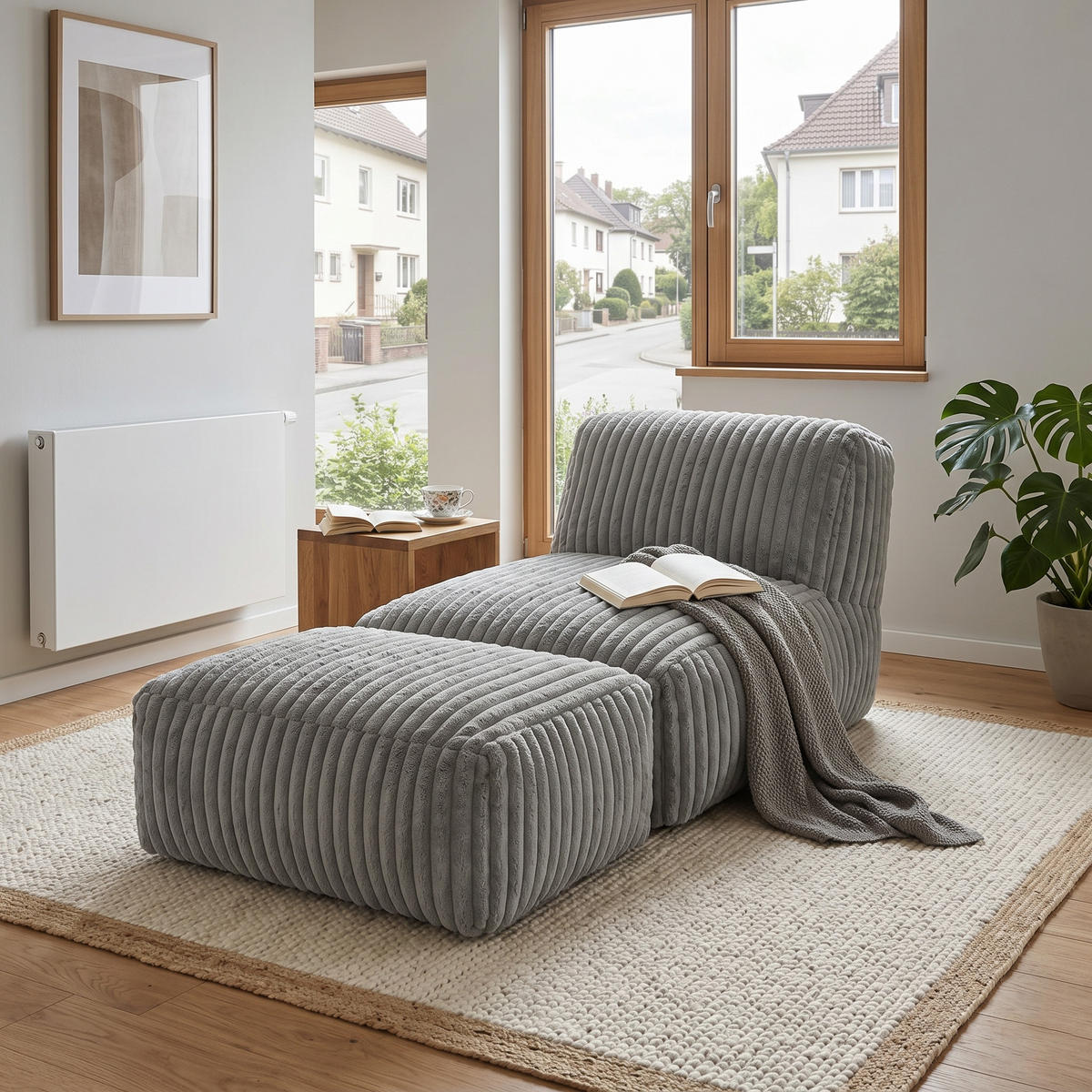 FÅTÖLJ MED PALL i manchester modulär och ergonomiskt stoppad - Ljusgrå, Textil (160/66/80cm) - Urban Meuble