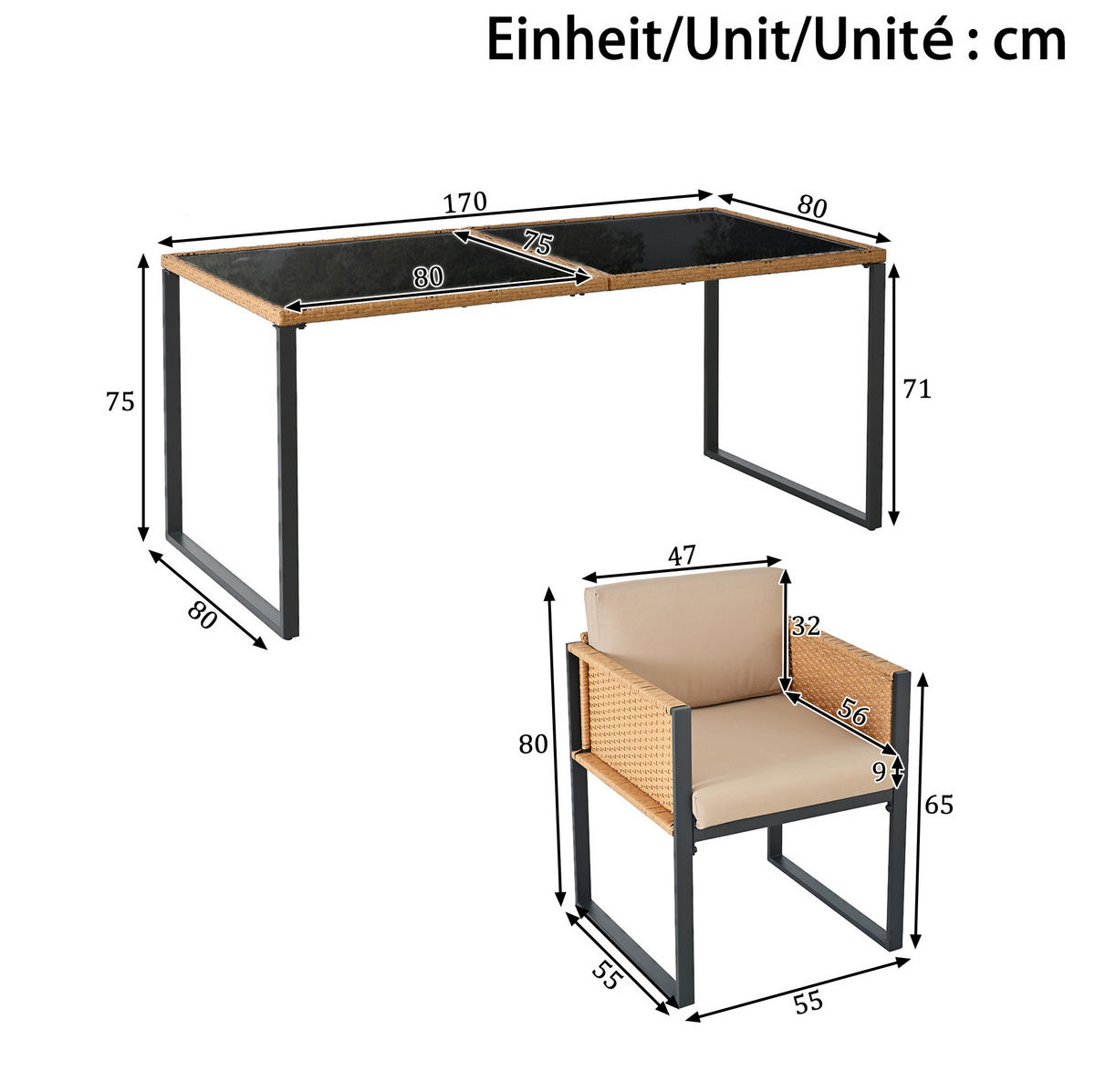 GARTEN-ESSGRUPPE 170/80/75 cm aus Polyrattan mit 6 Stühlen, Glasplatte und abnehmbaren Bezügen, Braun/Schwarz - Schwarz, Kunststoff - Redom