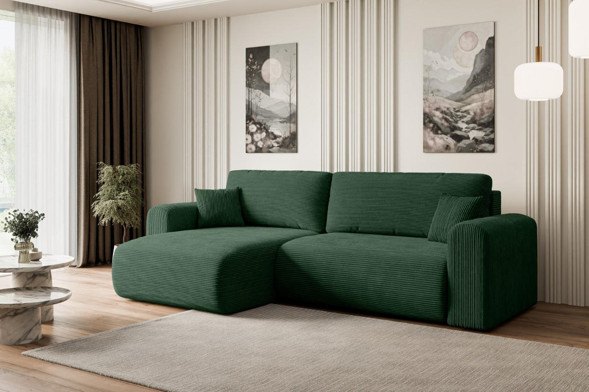 ECKSOFA mit Schlaffunktion und Bettkasten ORRO-L - 272x145x83 cm Grün Cord - Schwarz/Grün, Holzwerkstoff/Kunststoff (272/145cm) - ALTDECOR