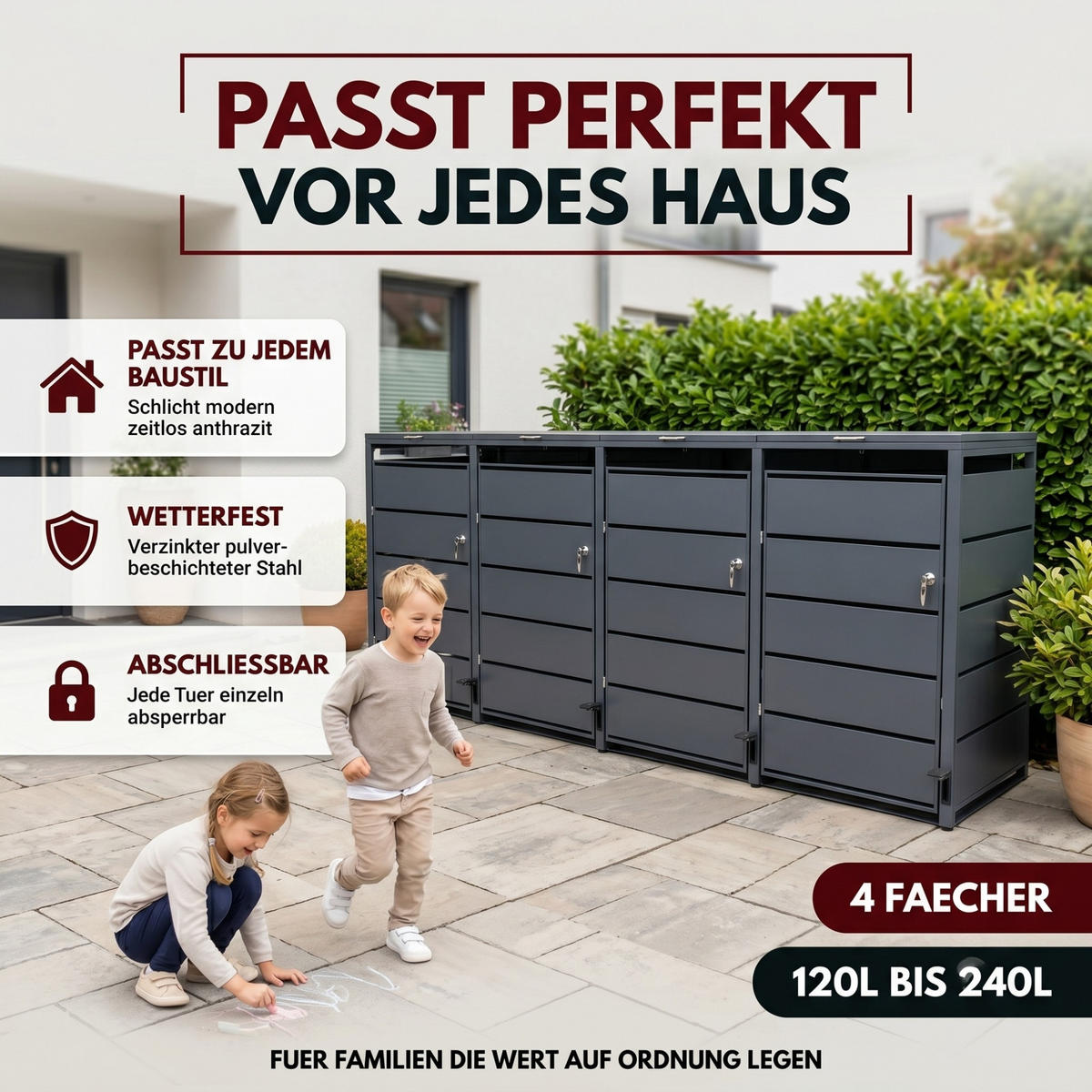 MÜLLTONNENBOX 4er mit Pedal - Anthrazit, Metall (286/116/80cm) - Albatros