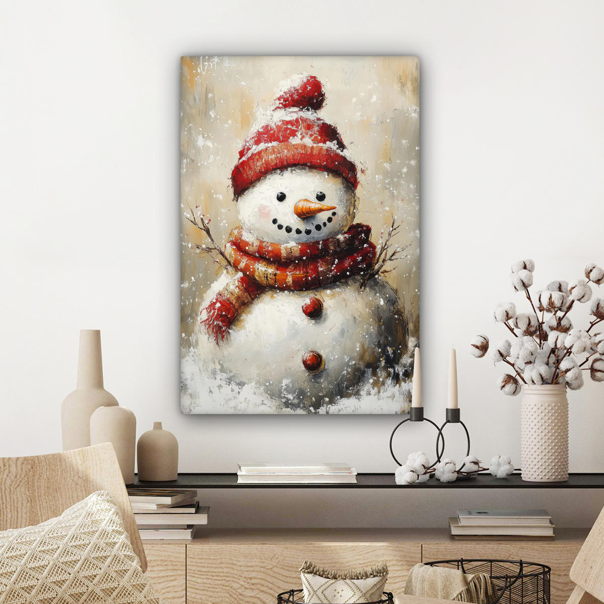 LEINWANDBILD Schneemann - Winter - Schnee - Beige 40x60 cm - Weiß, Textil (40/60cm) - MuchoWow