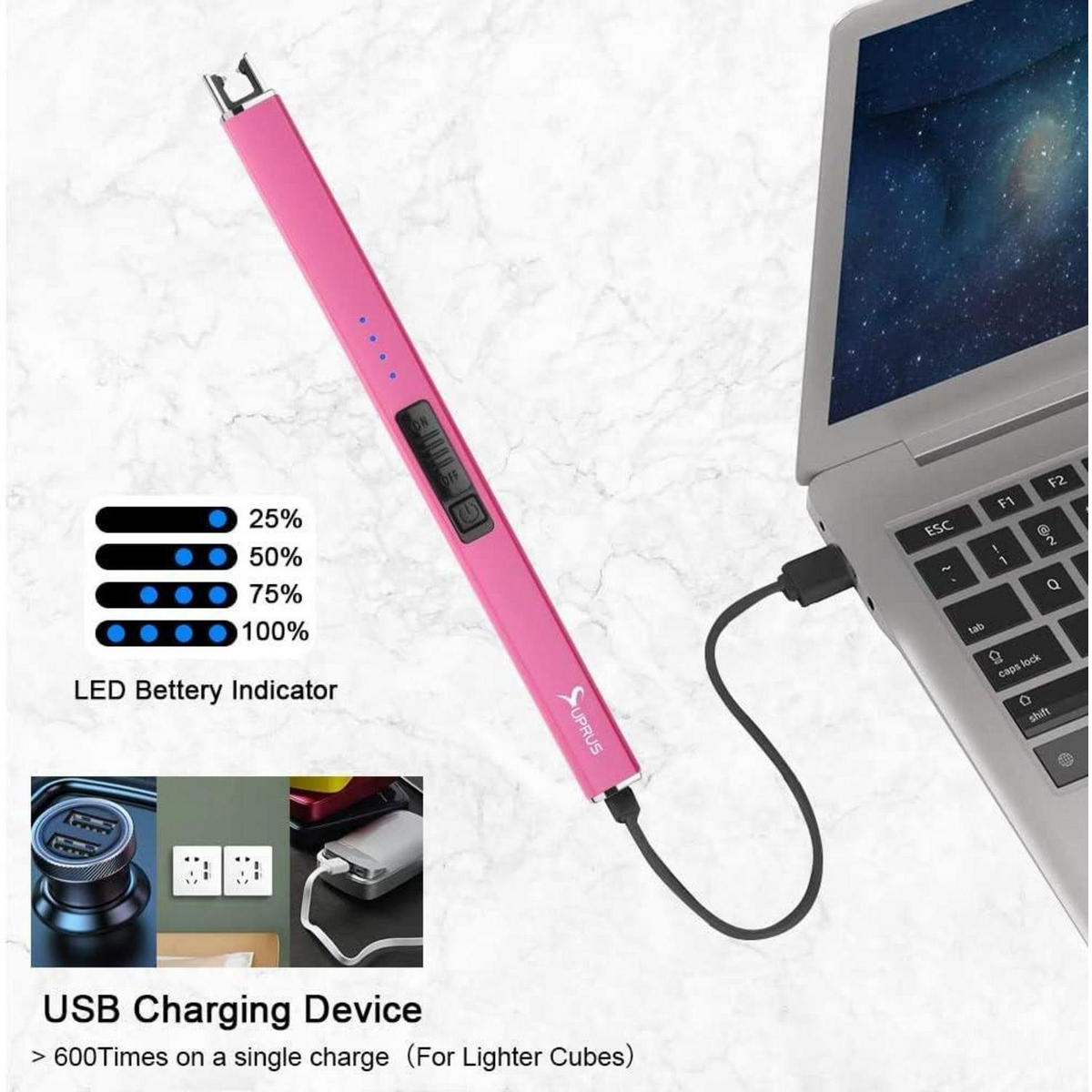 ELEKTRISCHES Feuerzeug Rosa Wiederaufladbar USB Plasma Winddicht - Pink, Kunststoff (4.1/1.4/19.2cm)
