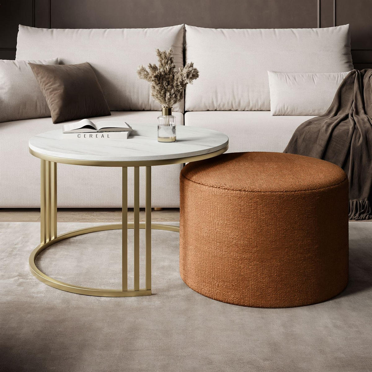 COUCHTISCH mit Hocker LORI MAT gebürstetes Gold/Marmor Levanto/Perfect Harmony 52 - Weiß, Metall (70/70/49cm) - Lookway