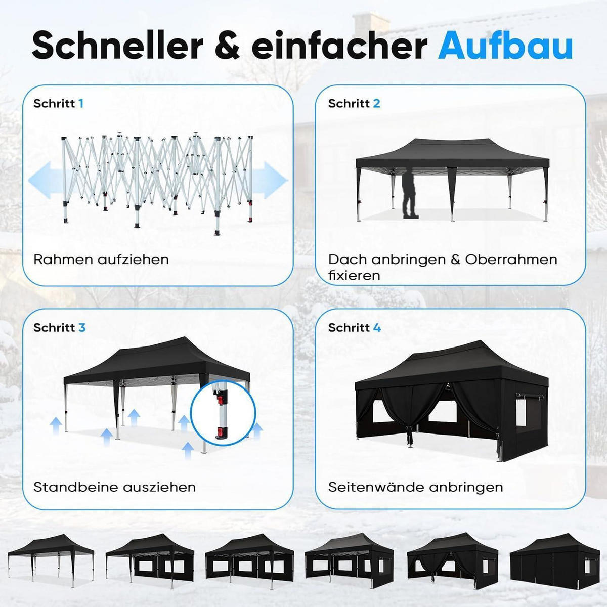 FALTPAVILLON 3x6m wasserdicht mit Seitenwänden UV-Schutz 50+ Stahlrahmen Schwarz - Schwarz, Textil (585/310/293cm)