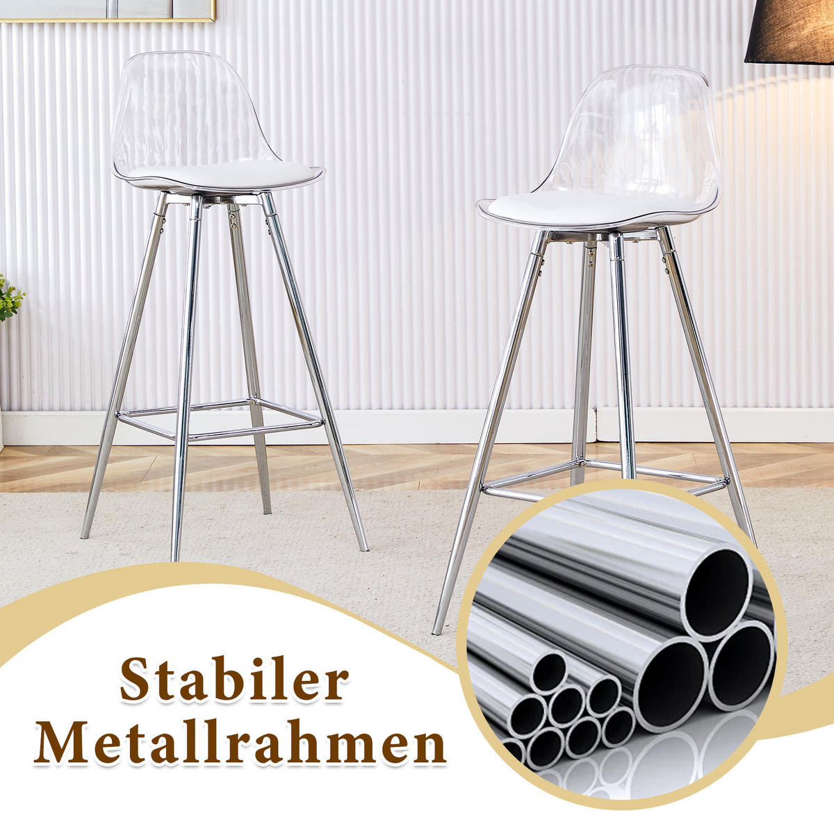 BARHOCKER mit Rückenlehne 2er-Set Transparent Silber - Silberfarben, Metall (33/96.5/38cm) - Meubliv