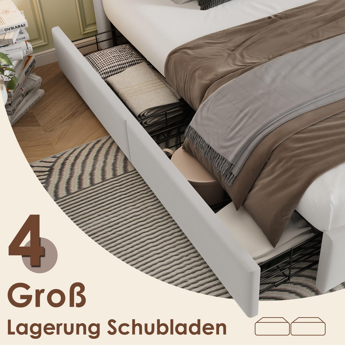 POLSTERBETT 160/200 cm in Beige Samt mit 4 Schubladen, Kabellosem Laden, USB und Type-C - Beige, Holzwerkstoff/Textil (160/200cm) - WISHDOR