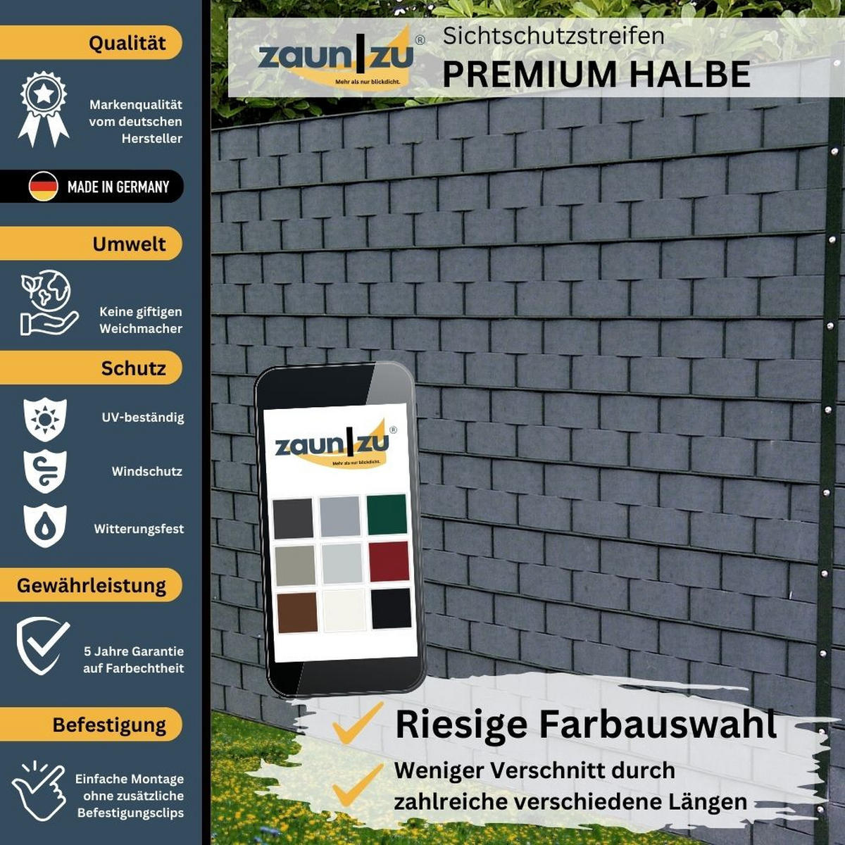 SICHTSCHUTZSTREIFEN Premium Halbe Set Einzelstreifen Grün 2,55m - Grün, Kunststoff (255/9.5cm) - ZAUN|ZU