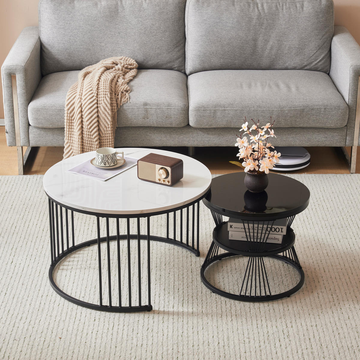 COUCHTISCH Set rund mit Hochglanz-Tischplatte marmoriert 70/70 cm und 45/45 cm schwarz - Schwarz, Holzwerkstoff (70/70/45.5cm) - OKWISH