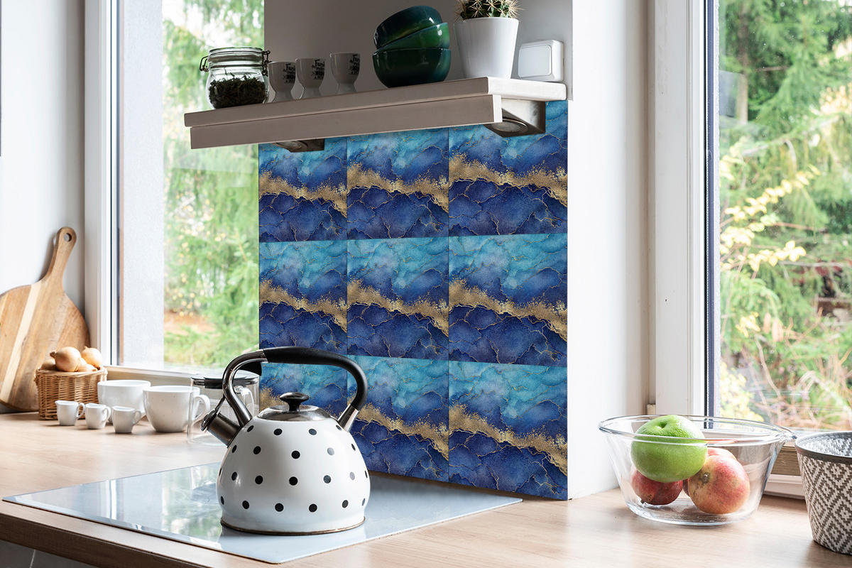 FLIESENAUFKLEBER 9 Stück 30x30 cm selbstklebend Marmormeer - Blau, Textil (30/1.6/30cm) - TULUP