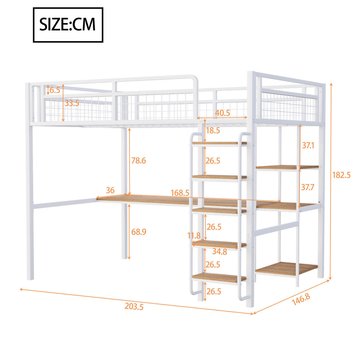 HOCHBETT 140/200 cm aus Metall und MDF mit Schreibtisch, Regal und Sicherheitstreppe Weiß - Weiß, Metall (140/200cm) - Modenvie