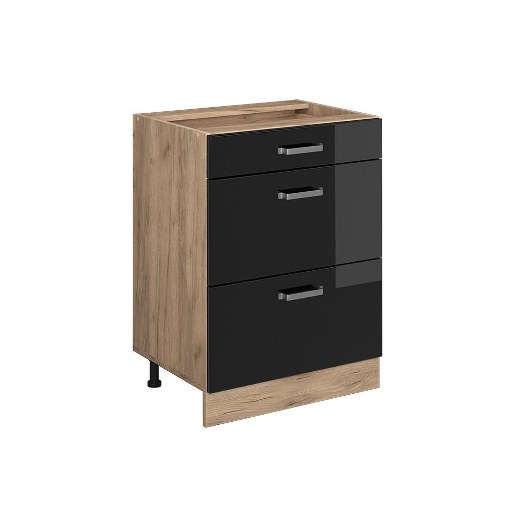 KÜCHENUNTERSCHRANK R-Line Schwarz Hochglanz 60 cm mit Schubladen, ohne AP - Honigeiche/Schwarz Hochglanz, Holzwerkstoff (60/81.6/46cm) - Vicco