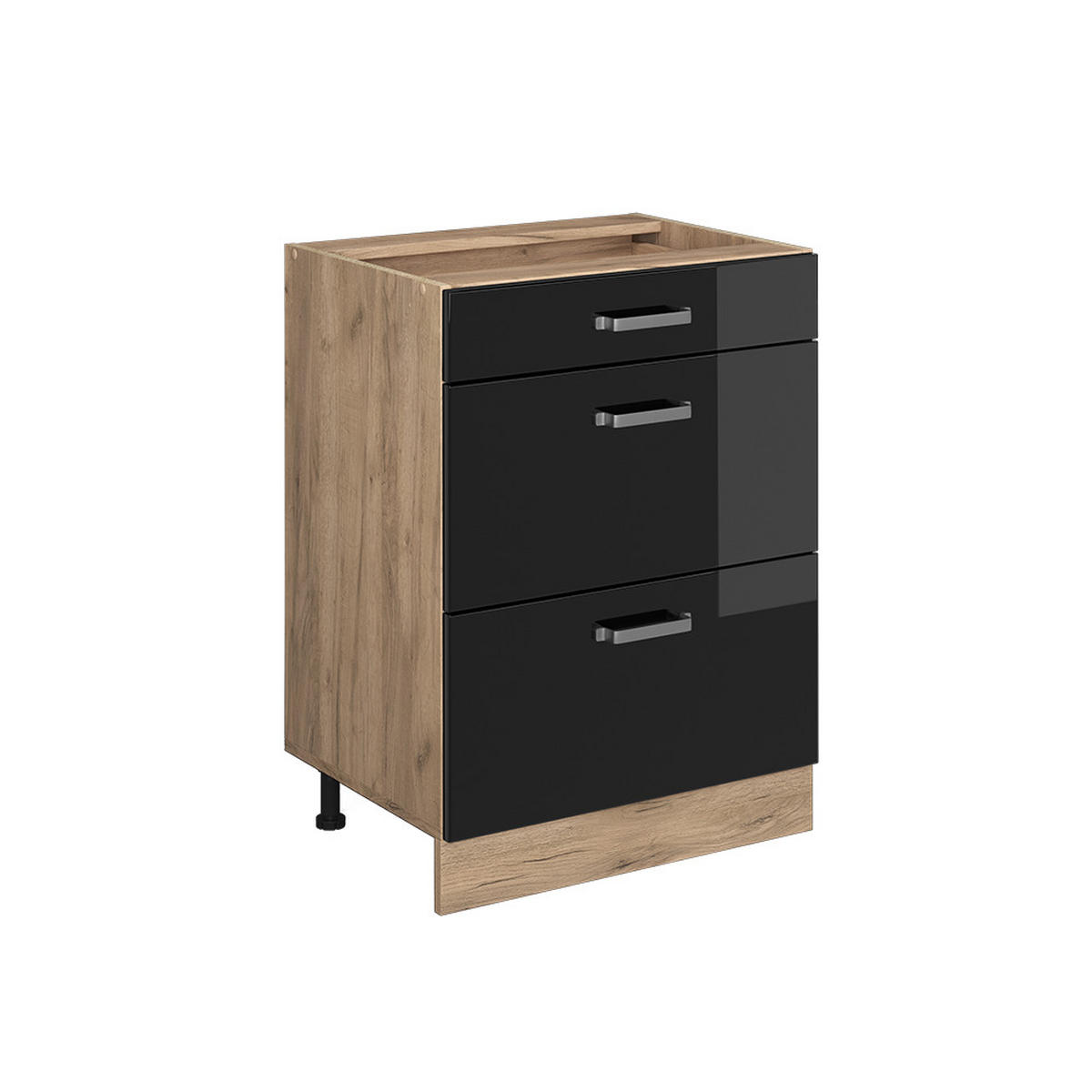 KÜCHENUNTERSCHRANK R-Line Schwarz Hochglanz 60 cm mit Schubladen, ohne AP - Honigeiche/Schwarz Hochglanz, Holzwerkstoff (60/81.6/46cm) - Vicco