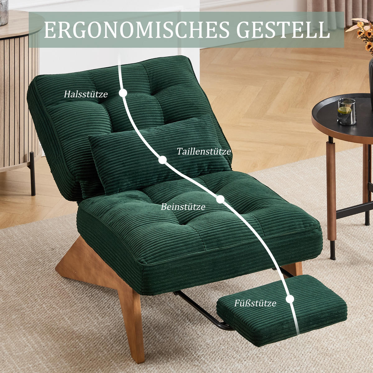 SCHAUKELSTUHL Smaragd Cord mit Fußstütze, Lendenkissen und Holzbeinen - Smaragdgrün, Textil (73/90/127cm) - Oxeza