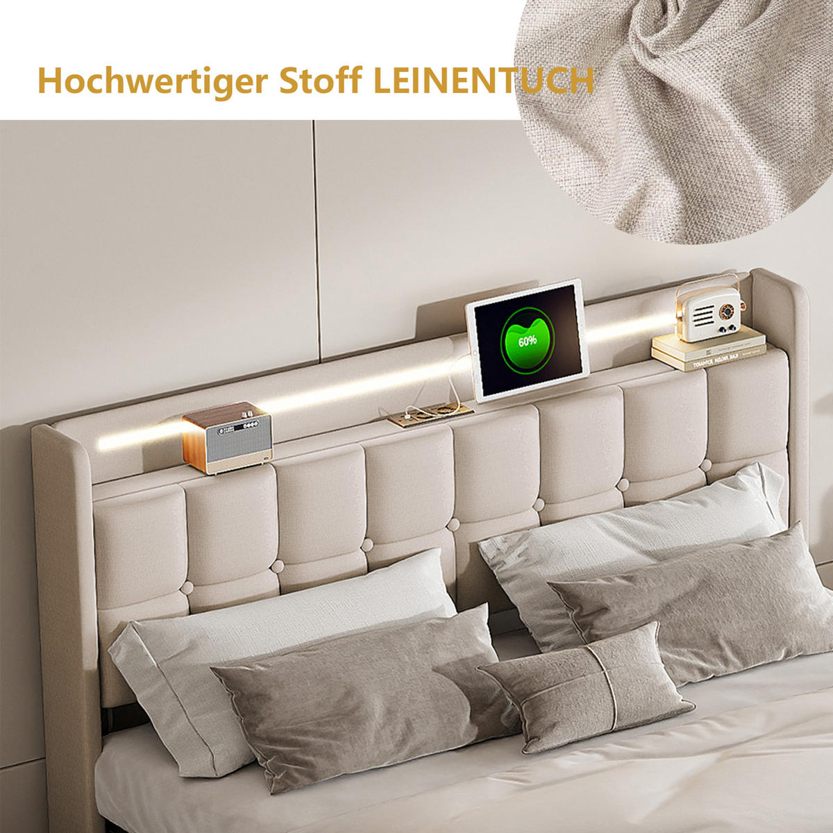 POLSTERBETT 140x200 mit Stauraum, Bettgestell 140x200 mit 4 Schubladen, Kopfteil mit USB und LED, Lattenrost, Bezug aus Leinen, Beige - Beige, Holz/Holzwerkstoff (140/200cm) - GENKI LIVING