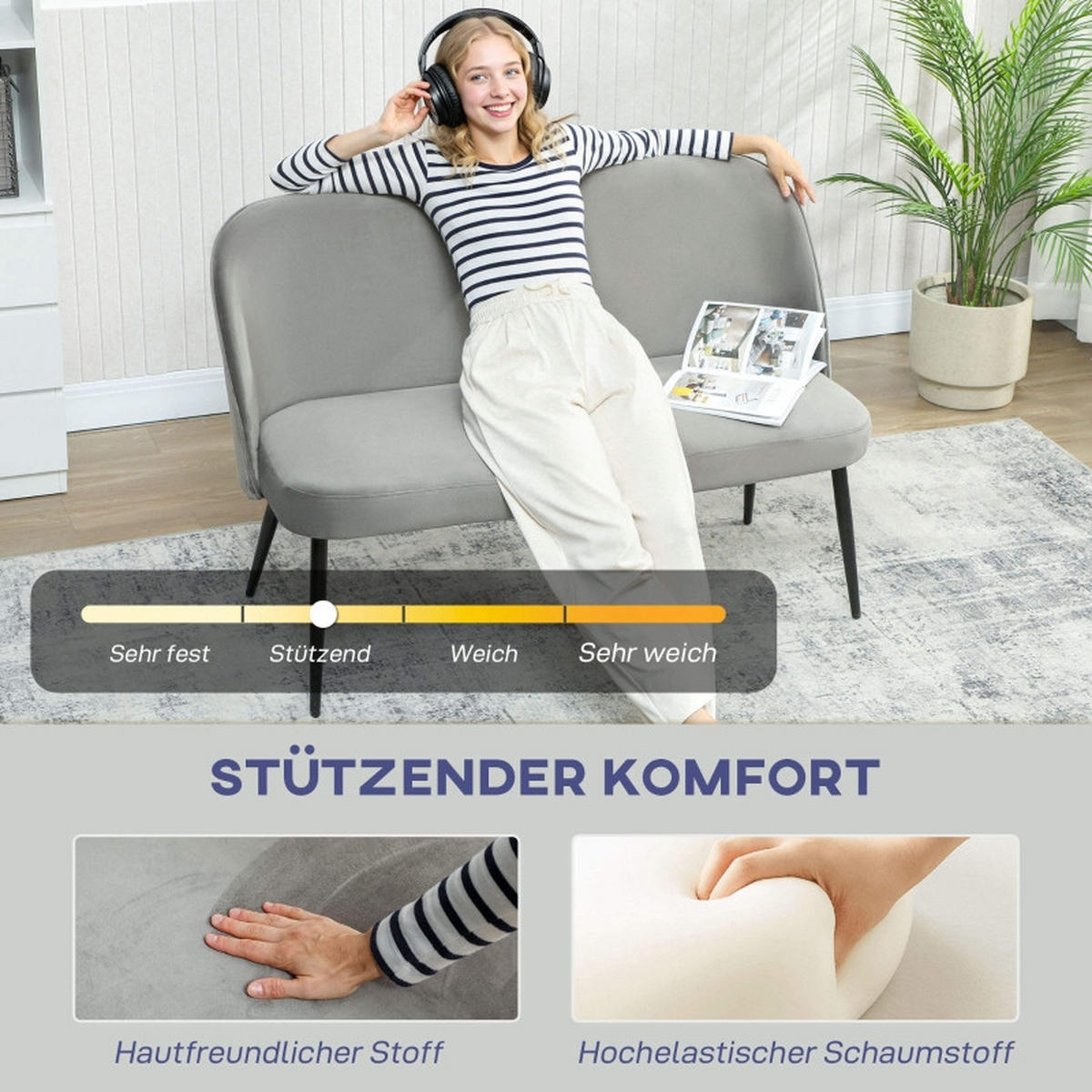 2-SITZER-SOFA mit Metall- & Holzrahmen 127/63/84,5 cm Grau - Grau, Metall (63/84.5/127cm) - Redom