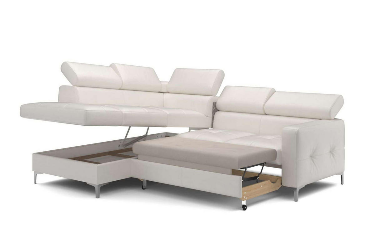 ECKSCHLAFSOFA aus Echtleder mit Schlaffunktion und Bettkasten - Chromfarben/Eiche Bianco, Leder/Holz (242/207cm) - Cotta