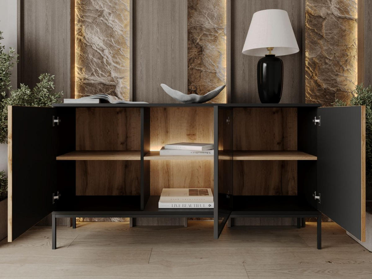 KOMMODE Graphit, Wotan Eichefarben 154/83/39 cm Deo - Eiche Wotan/Schwarz, Naturmaterialien/Glas (154/83/39cm) - Graingold