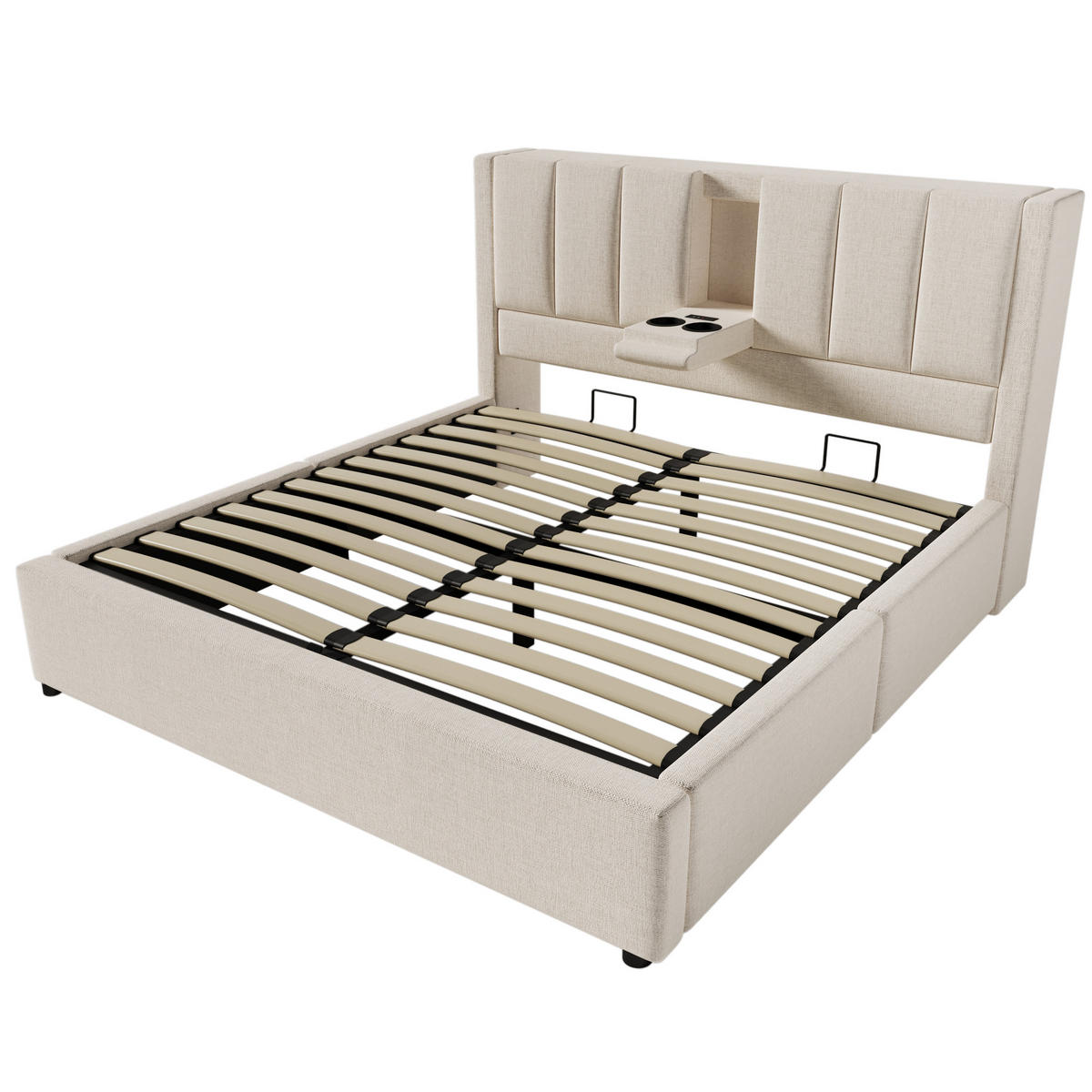 POLSTERBETT 160/200 cm mit Ladestation, verstecktem Becherhalter und hydraulischem Bettkasten, Beige - Beige, Textil (160/200cm) - Redom
