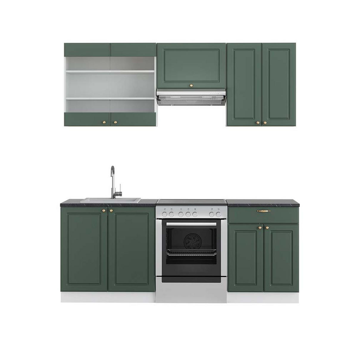 KÜCHENZEILE Fame-Line Grün-Gold Landhaus/Weiß 200 cm, AP Anthrazit - Weiß/Grün, Holzwerkstoff (200/81.6/60cm) - Vicco