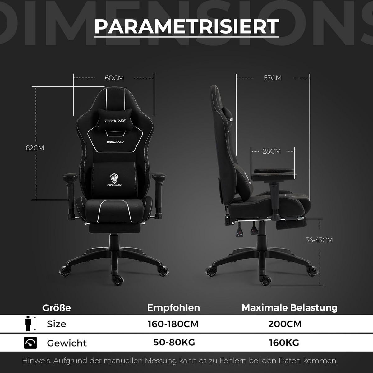 GAMING Stuhl Stoff & Taschenfederkissen PC Bürostuhl & Fußstützen - Schwarz, Textil (70/130/60cm)