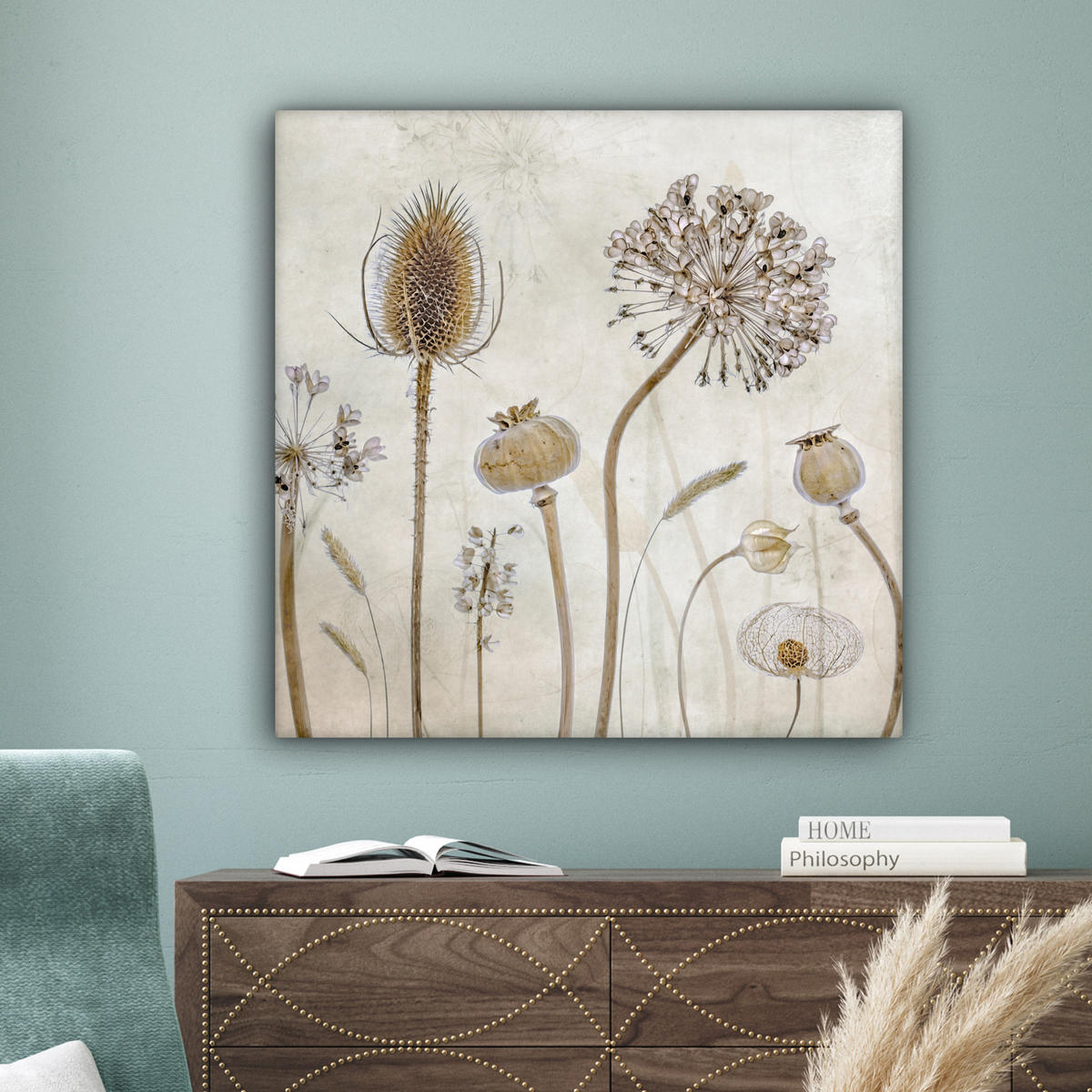 LEINWANDBILD Blumen - Aquarell - Stilleben - Braun - Vintage 90x90 cm - Beige, Textil (90/90cm) - MuchoWow