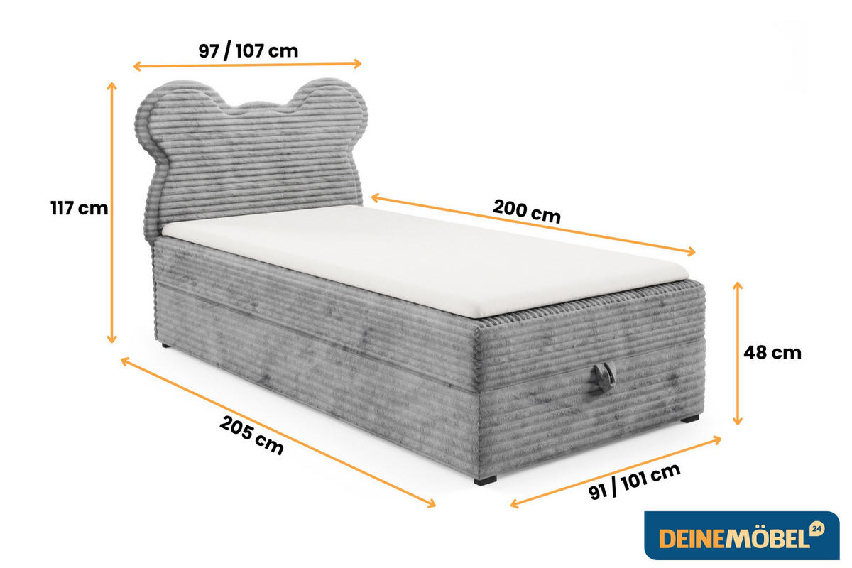 BOXBETT TEDDY 100/200 Cord-Samt Hellgrau H3 - Hellgrau, Holz/Holzwerkstoff (100/200cm) - Deine Möbel 24