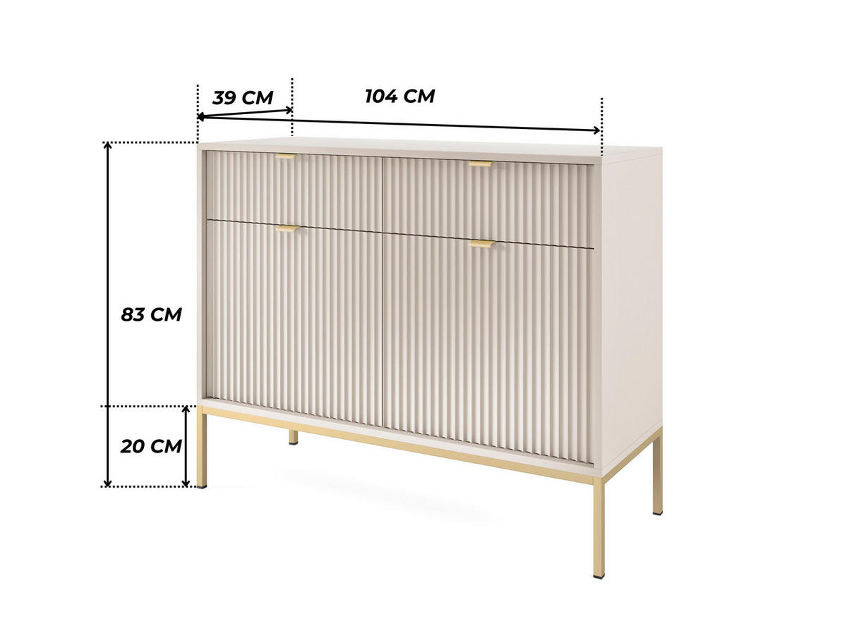 MODERNE Geriffelte Kommode KIOTO K2D2SZ (Kaschmir, Gold Gestell, Soft-Close Türen) - Kaschmir/Goldfarben, Holz/Holzwerkstoff (104/83/39cm) - Ravio