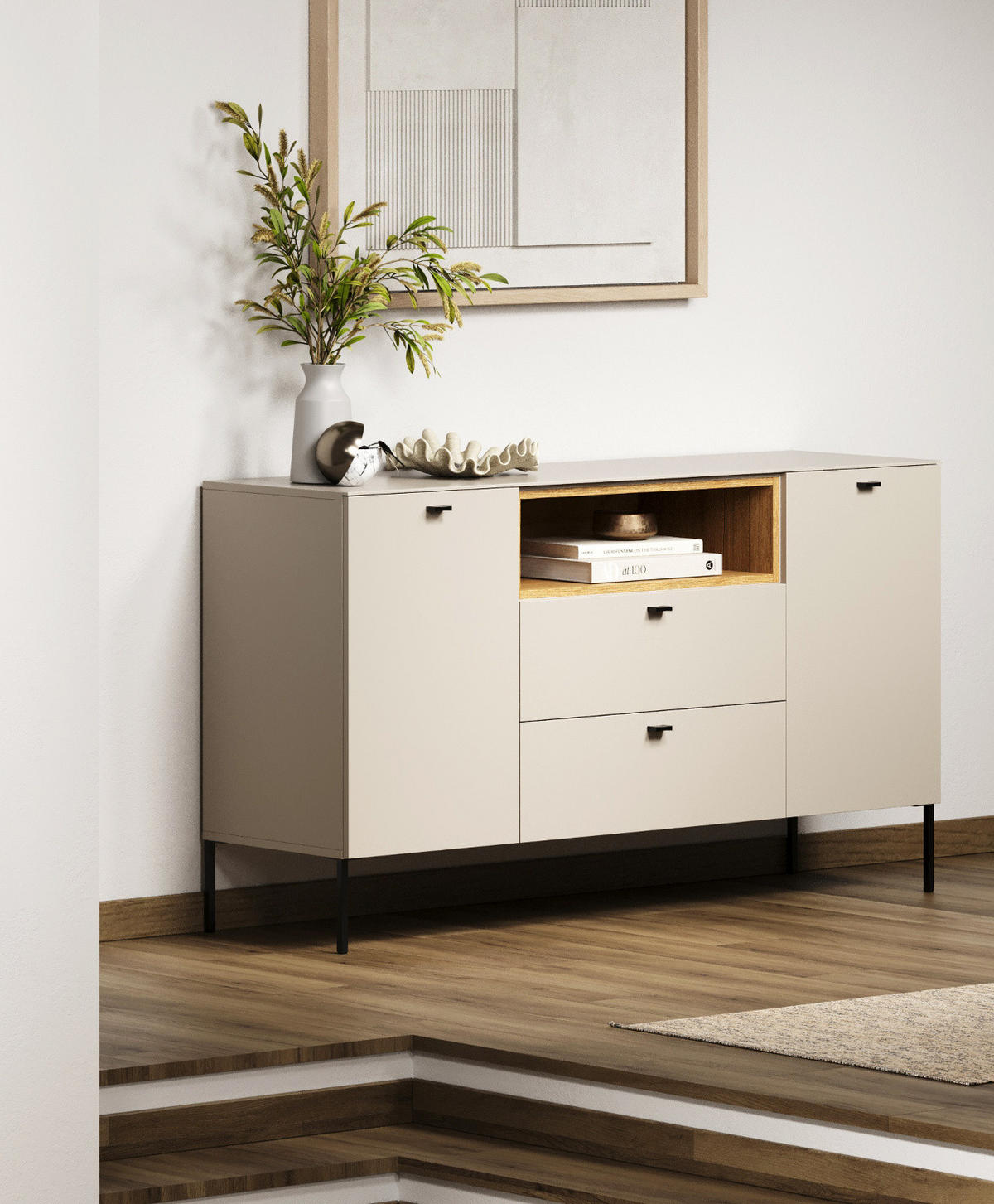 SIDEBOARD Sand, Evoke Eiche 154 cm, Kommode mit Soft-Close - Sandfarben/Kaschmir, Holzwerkstoff/Metall (154/85/42cm) - Top.Furn