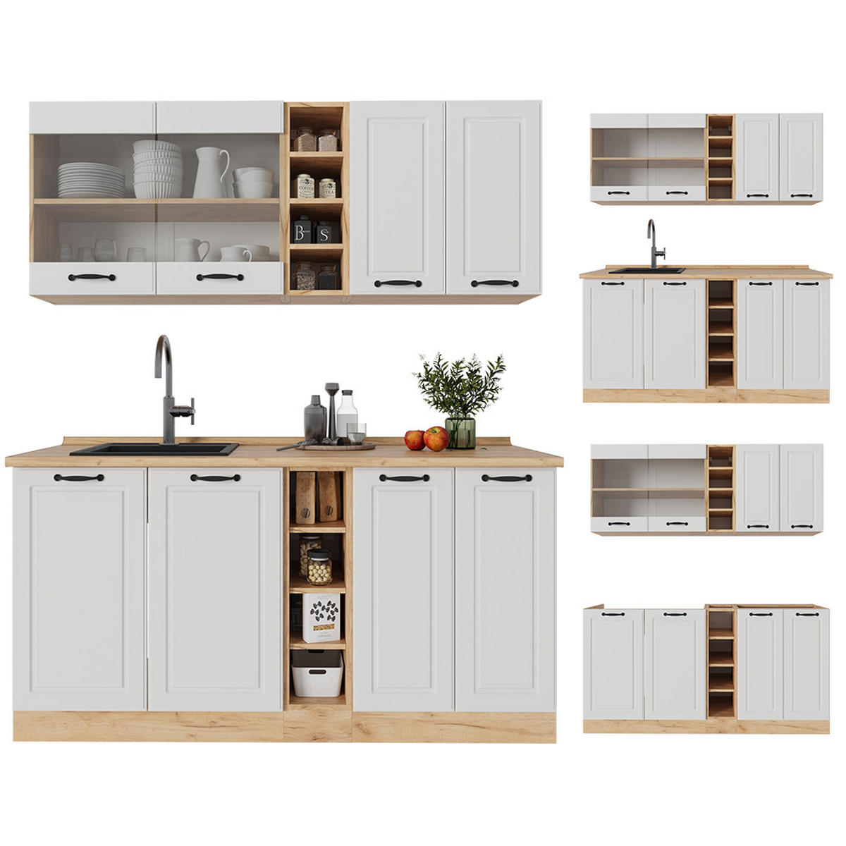 SINGLEKÜCHE R-Line Weiß Landhaus/Goldkraft Eiche 160 cm ohne Arbeitsplatte - Eiche Wotan/Creme, Holzwerkstoff (160/81.6/46cm) - Vicco