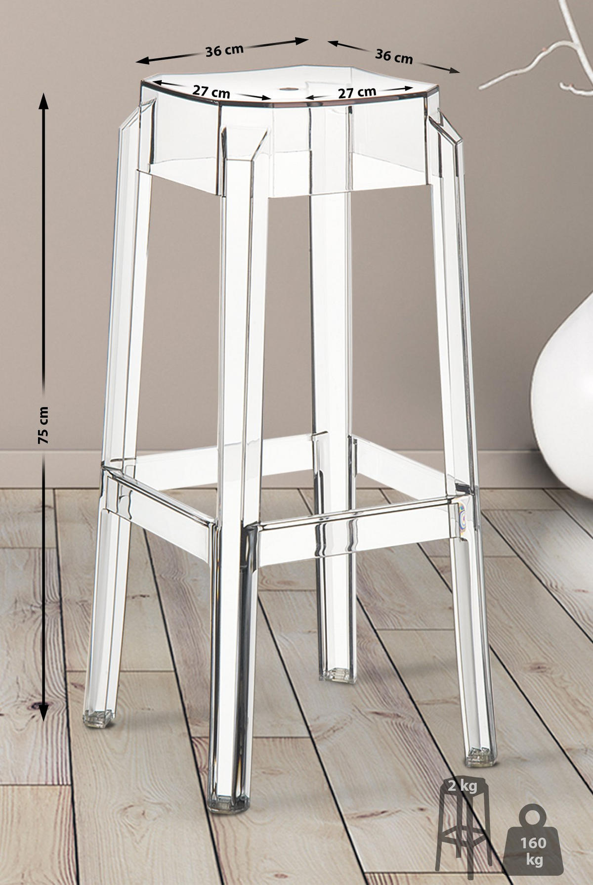 BARHOCKER 2er Set Kunststoff transparent - Eukalyptusholzfarben/Transparent, Kunststoff (36/75/36cm) - CLP