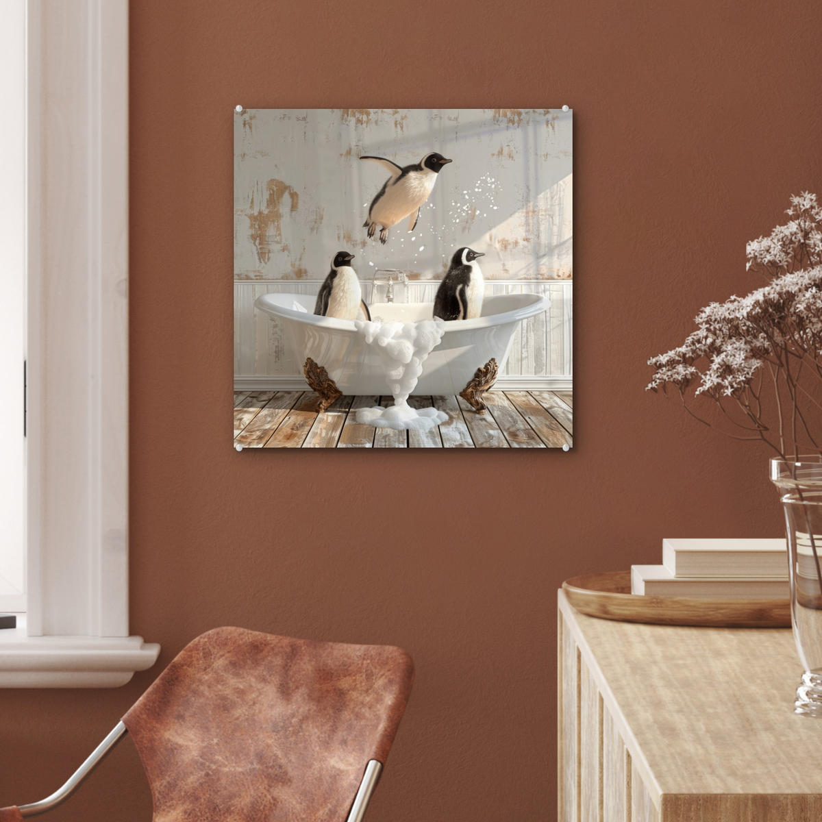 ACRYLGLASBILD Vintage - Pinguin - Badewanne - Schaumstoff 50x50 cm - Schwarz, Glas (50/50cm) - MuchoWow