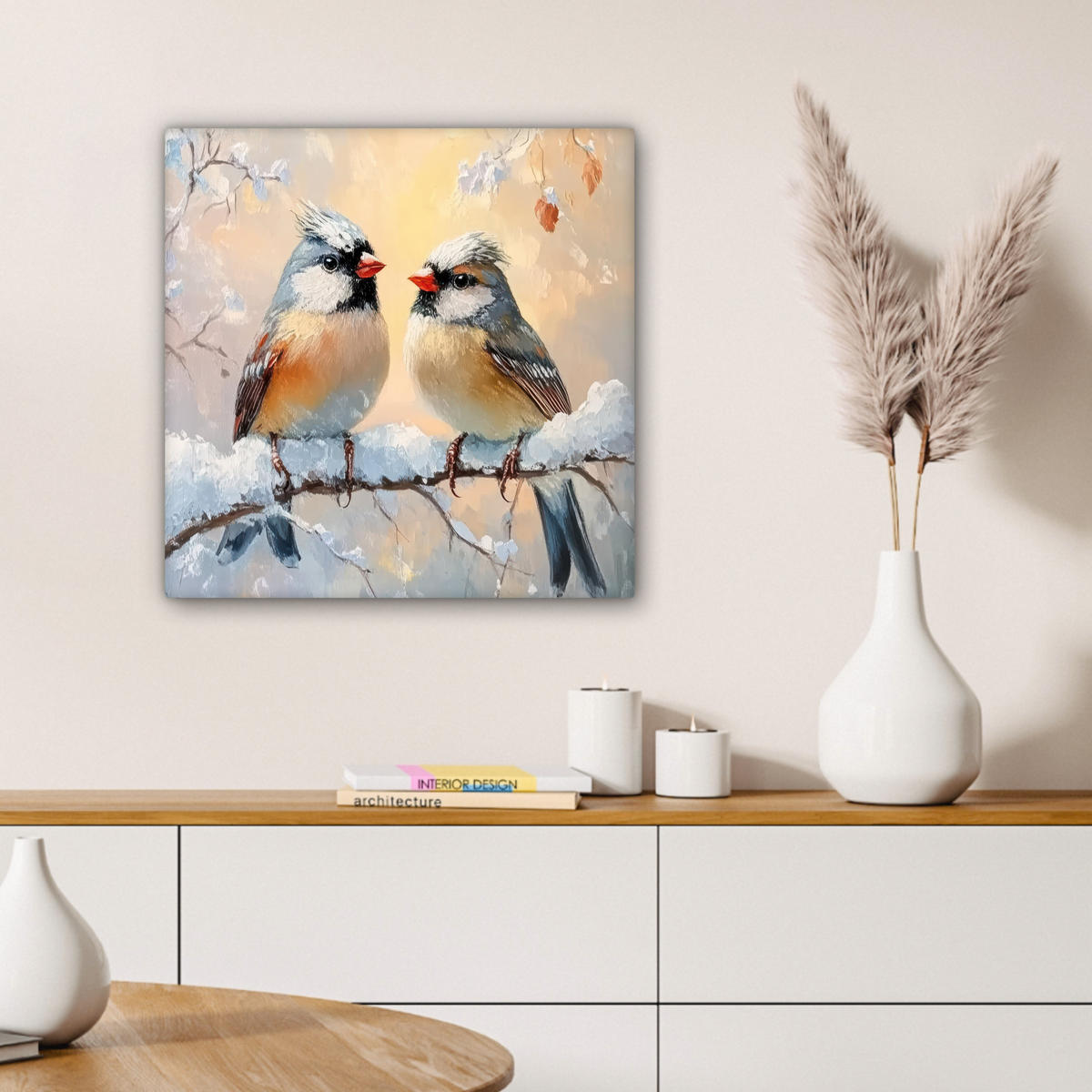 LEINWANDBILD Vögel - Zweig - Winter - Schnee 50x50 cm - Pastellblau, Textil (50/50cm) - MuchoWow