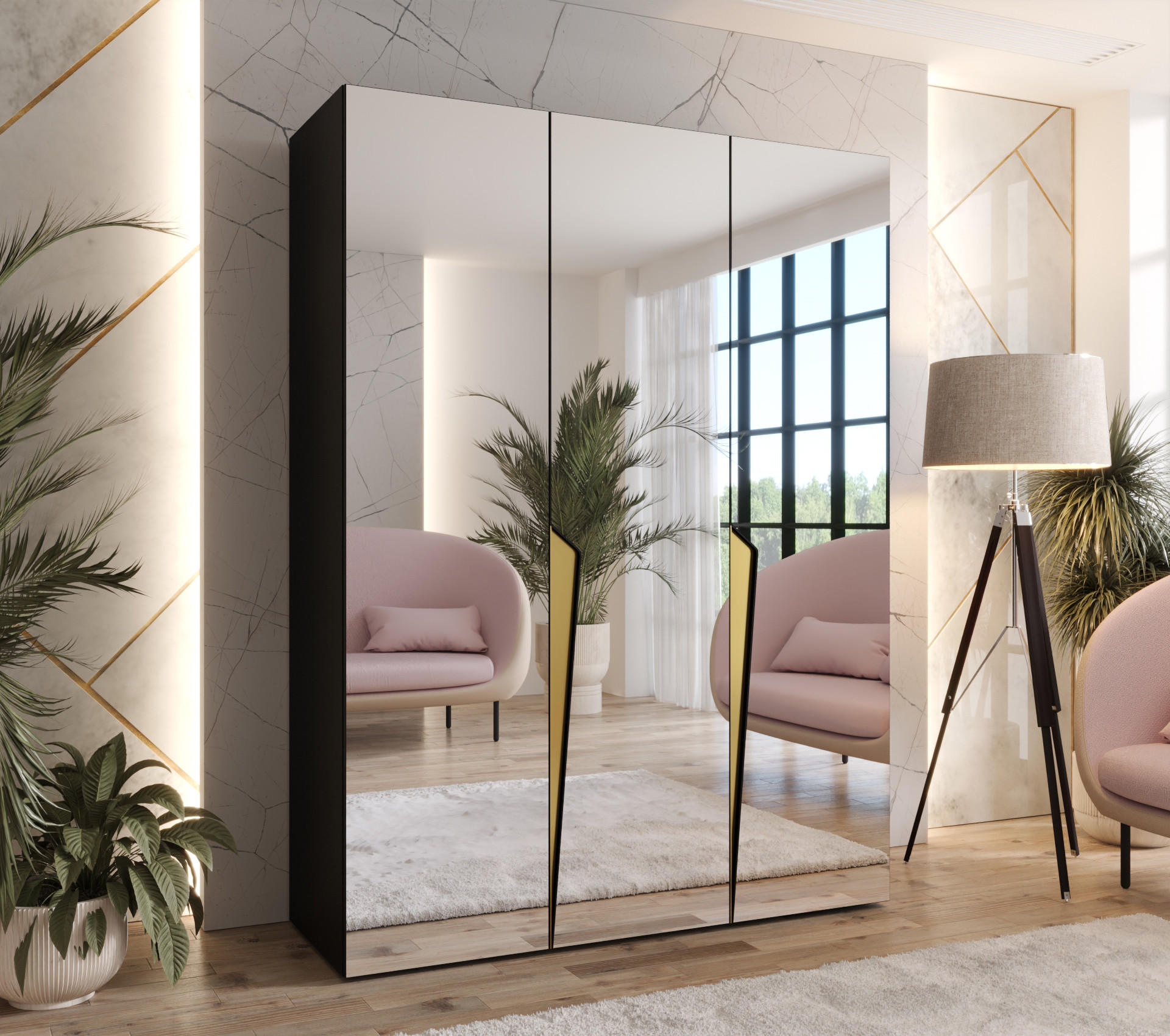 DREHTÜRENSCHRANK 202/150/52 3-türig - Goldfarben/Schwarz, Holz/Metall (150/202/52cm) - Abiks Möbel