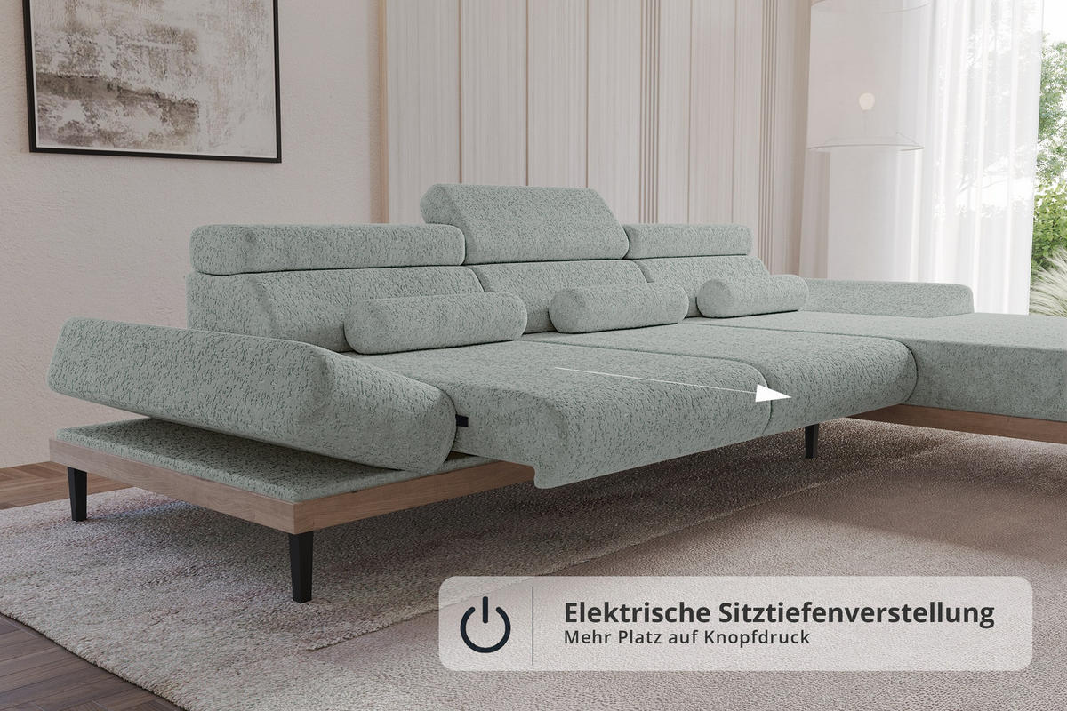 ELEKTRISCHES ECKSOFA Rechts MONA 316x205x85 Grün Velours - Mintgrün, Holzwerkstoff/Textil (316/205cm) - ALTDECOR